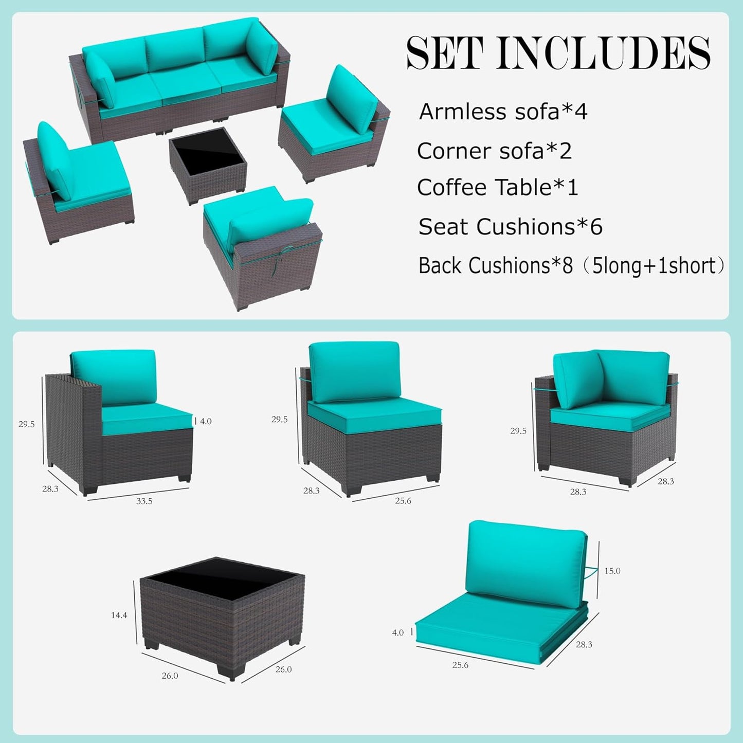 Gotland 7 Pieces Patio Furniture Set with 1 Coffee Table, 6 Seater Wicker Rattan Patio Set with 29.5'' High Backrest Thick Cushions Adjustable Foot Pads, for Porch Deck Garden Green Blue