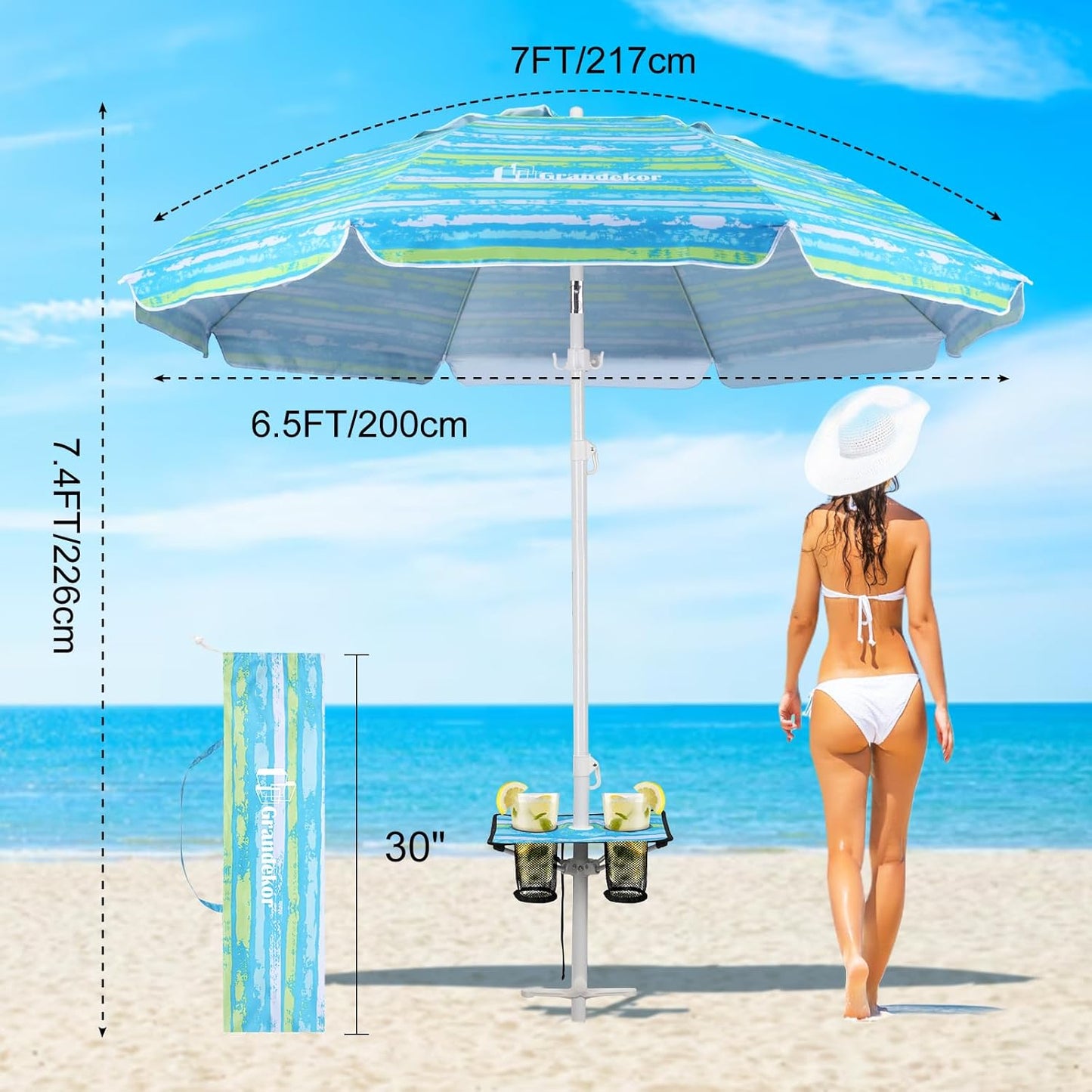 Grandekor 7FT Beach Umbrellas for Sand Heavy Duty Wind Portable Beach Umbrella with Table Travel Beach Umbrella with Carry Bag Sun Umbrella Beach, UV 50+