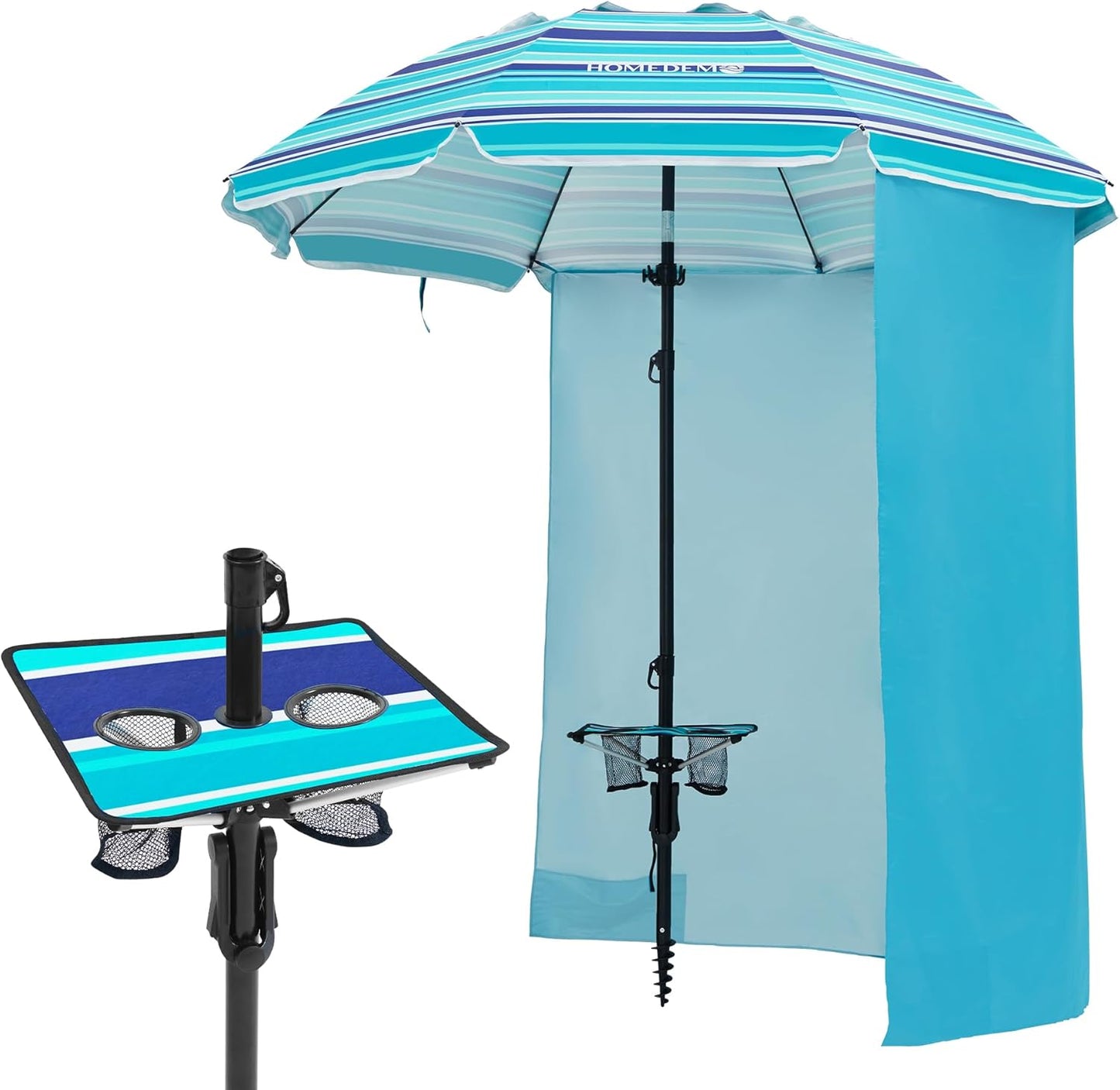 HOMEDEMO 7ft Beach Umbrellas For Sand Heavy Duty Wind, Portable Beach Umbrella UPF 50+ Windproof Outdoor Beach Umbrella with Sand Anchor, Tilt Pole, Carry Bag, Table Tray, Vent and Hook
