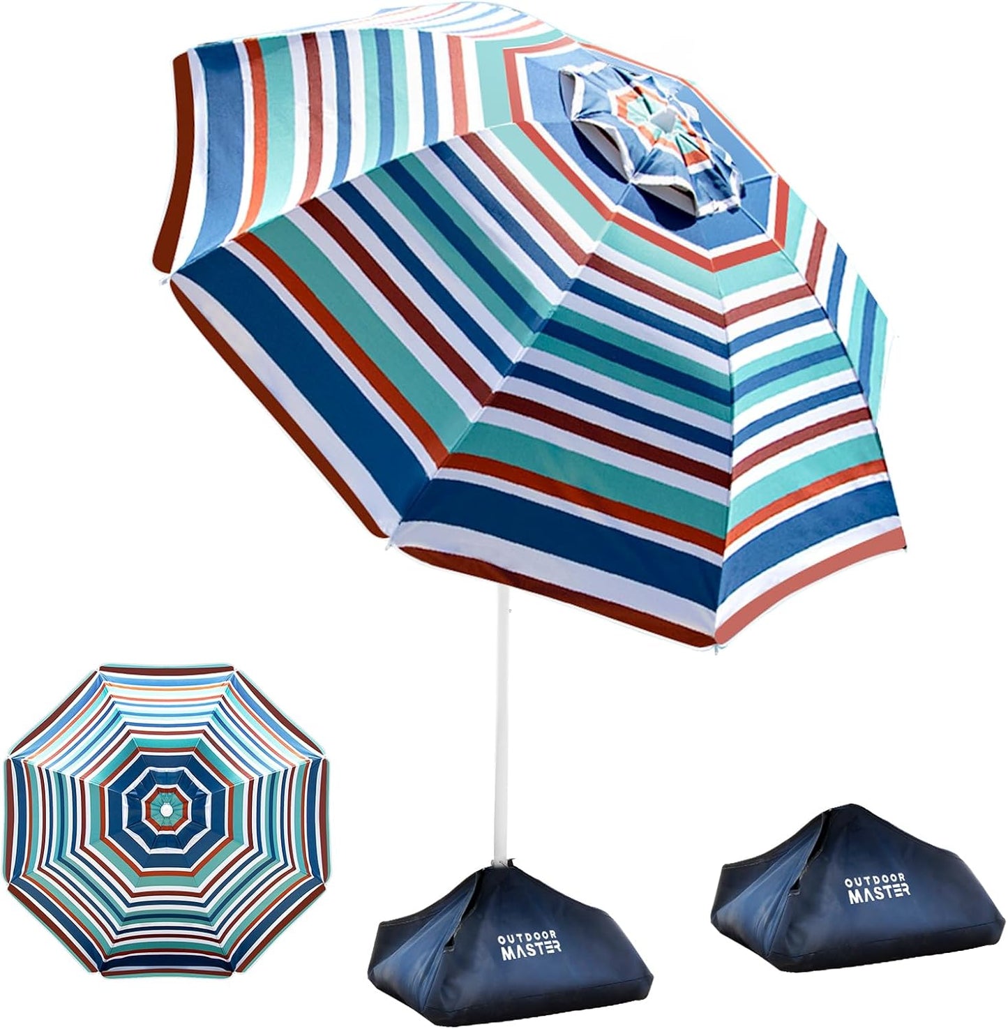 OutdoorMaster Beach Umbrellas with Sandbag & Anchor with 4 Cup Holder, 6.5ft Adjustable Umbrella for Beach Heavy Duty Wind, Portable UPF50+ Sunshade with Carry Bag for Patio,Blue Red with Cup Holder