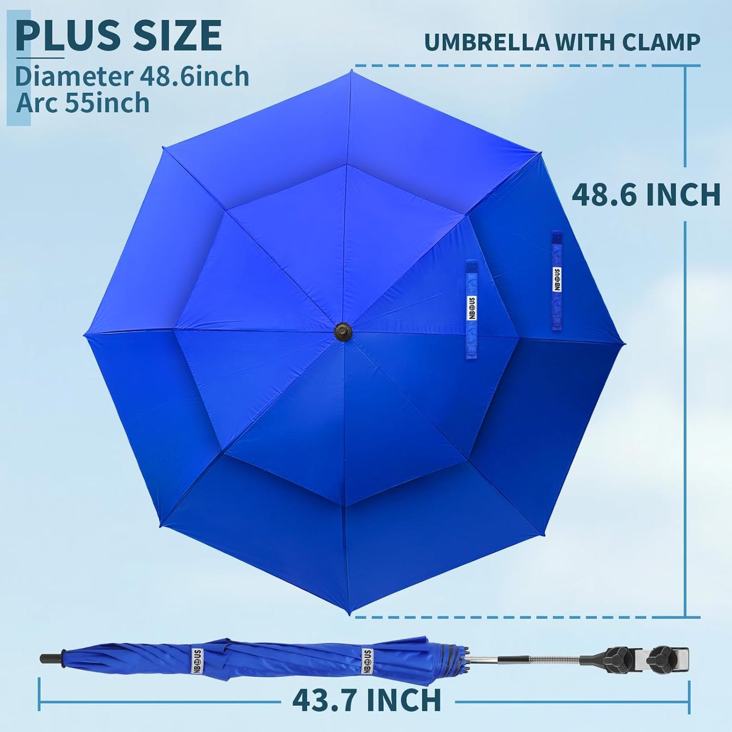 2 Pack 48.6" Double Canopy Beach Umbrella with Clamp, UPF50+ Beach Chair Umbrella with clip, 360°Adjustable Portable Outdoor Wheelchair, Patio, Golf Carts,Camping(Not Include Chair)