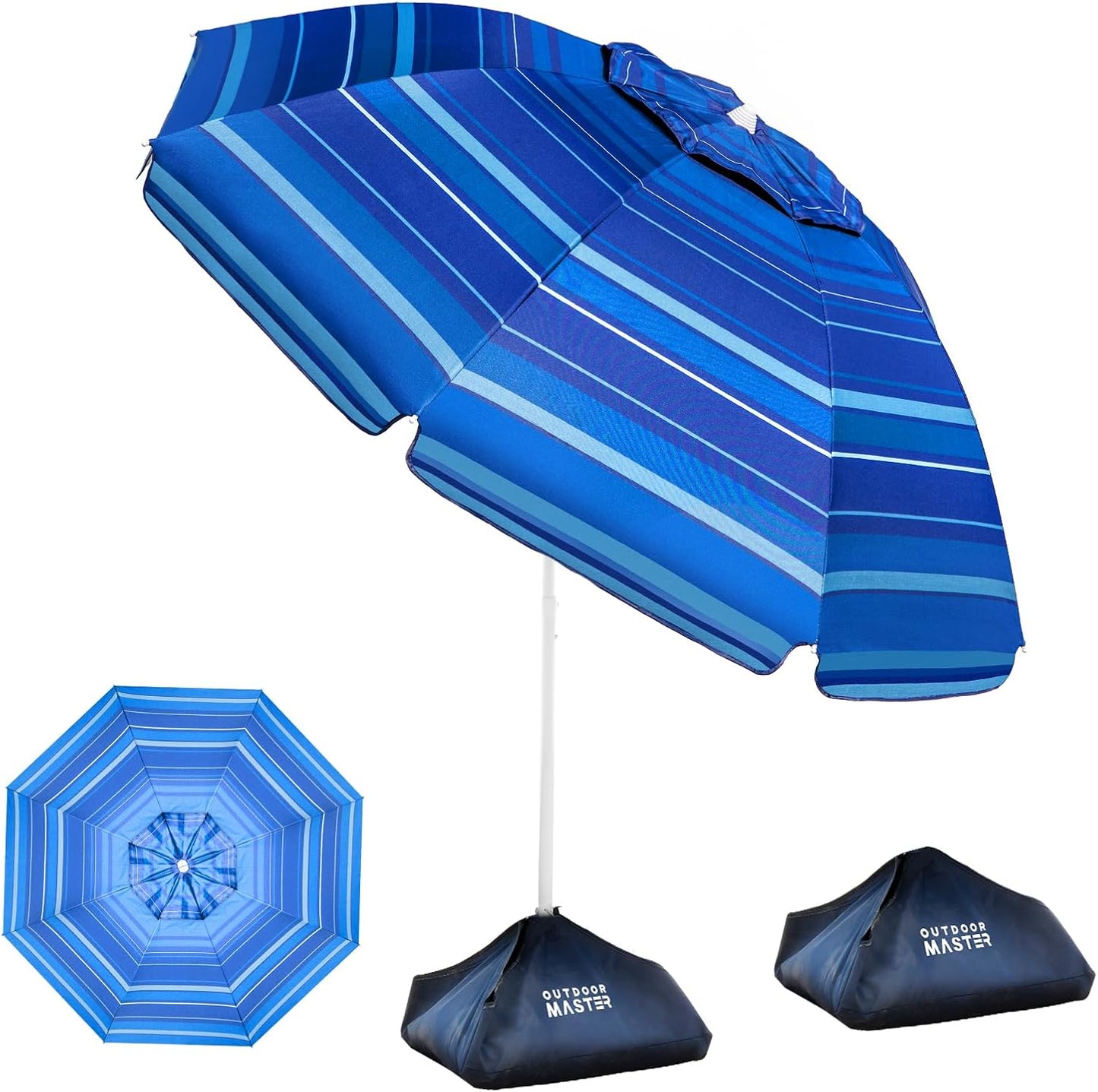 OutdoorMaster Beach Umbrellas with Sandbag & Anchor with 4 Cup Holder, 6.5ft Adjustable Umbrella for Beach Heavy Duty Wind, Portable UPF50+ Sunshade with Carry Bag for Patio,Blue Red with Cup Holder