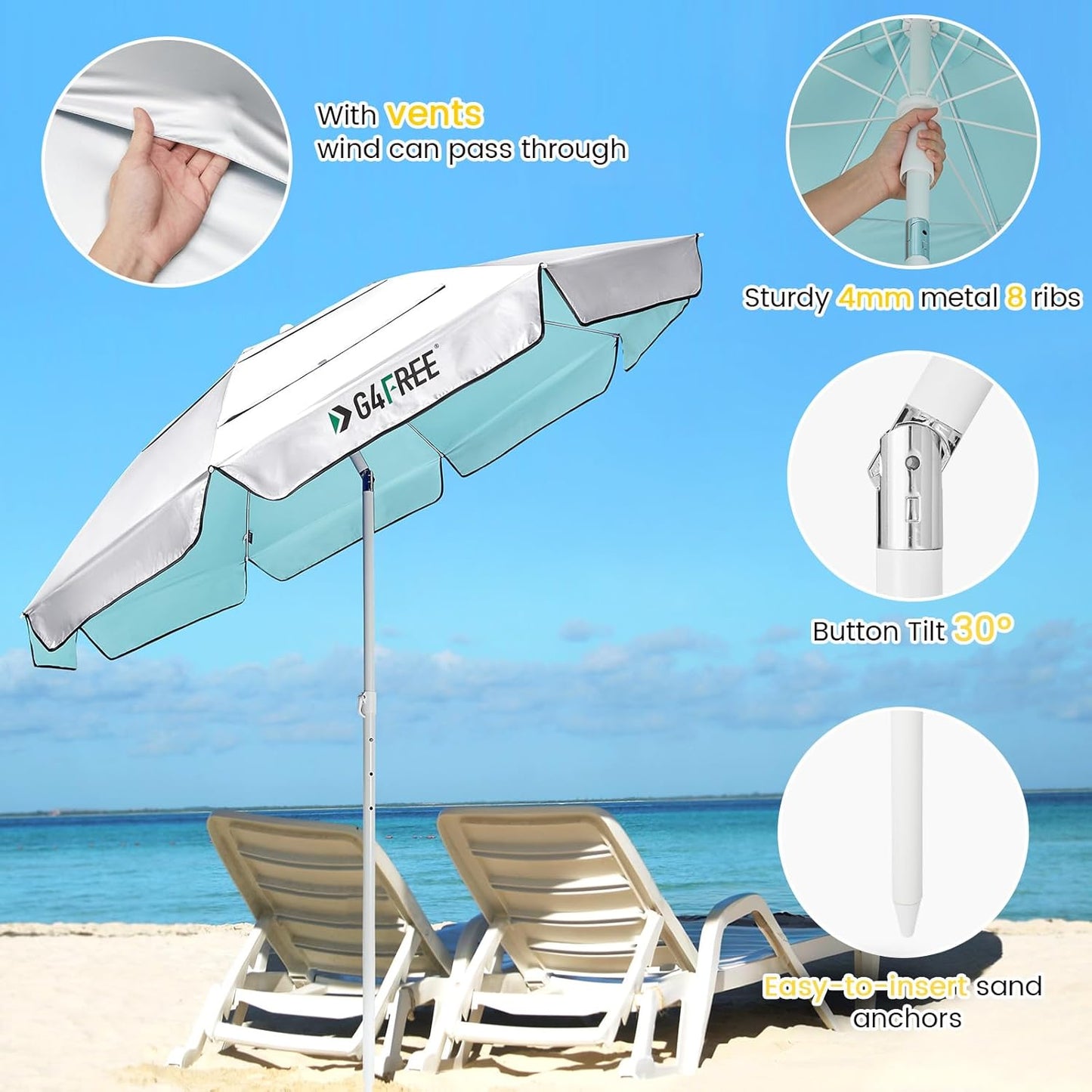 G4Free Heavy Duty Beach Umbrella for Sand, UPF 50+ UV Protection Sun Shelter Double Canopy with Air Vent and Push Button Tilt, 6.5 ft Portable Parasols with Carry Bag for Outdoor Patio Pool