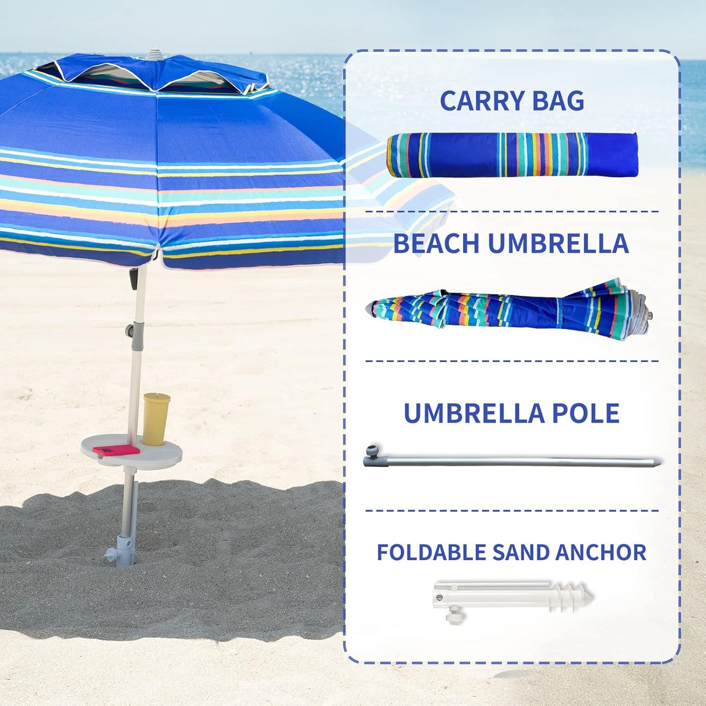 AMMSUN 7ft Heavy Duty High Wind Beach Umbrella Parasols with Sand Anchor Vent Tilt UV 50+ Sun Protection Portable Outdoor Sunshade Umbrellas Carry Bag for Patio Garden Pool Backyard Blue