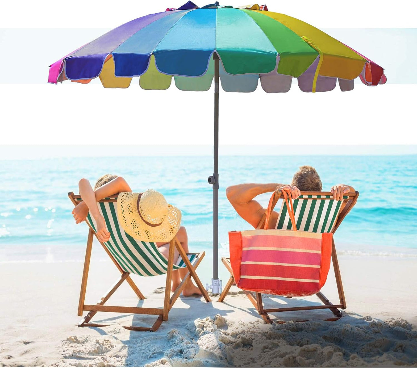AMMSUN 7.5ft Large Heavy Duty HIGH Wind Beach Umbrella with sand anchor & Tilt Sun Shelter, UPF 50+ Protection Outdoor Umbrellas Sunshade with Carry Bag for Patio Garden Pool Backyard Rainbow