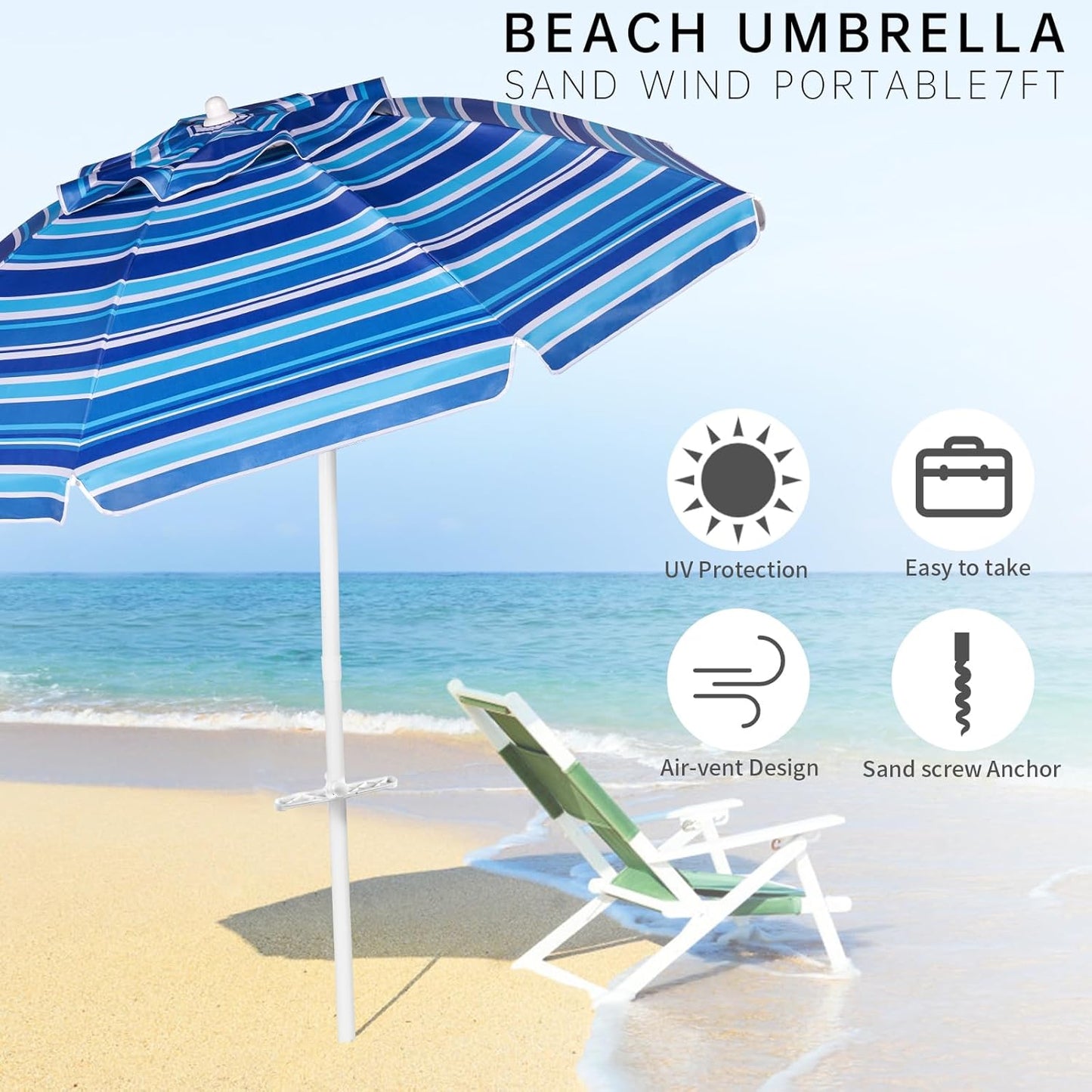 Aoxun 8FT Large Beach Umbrella with Heavy Duty Sand Anchor and Carry Bag, UPF 50+ Sun Shelter Air Vents Design for Outdoor Activities (Navy Blue & White)
