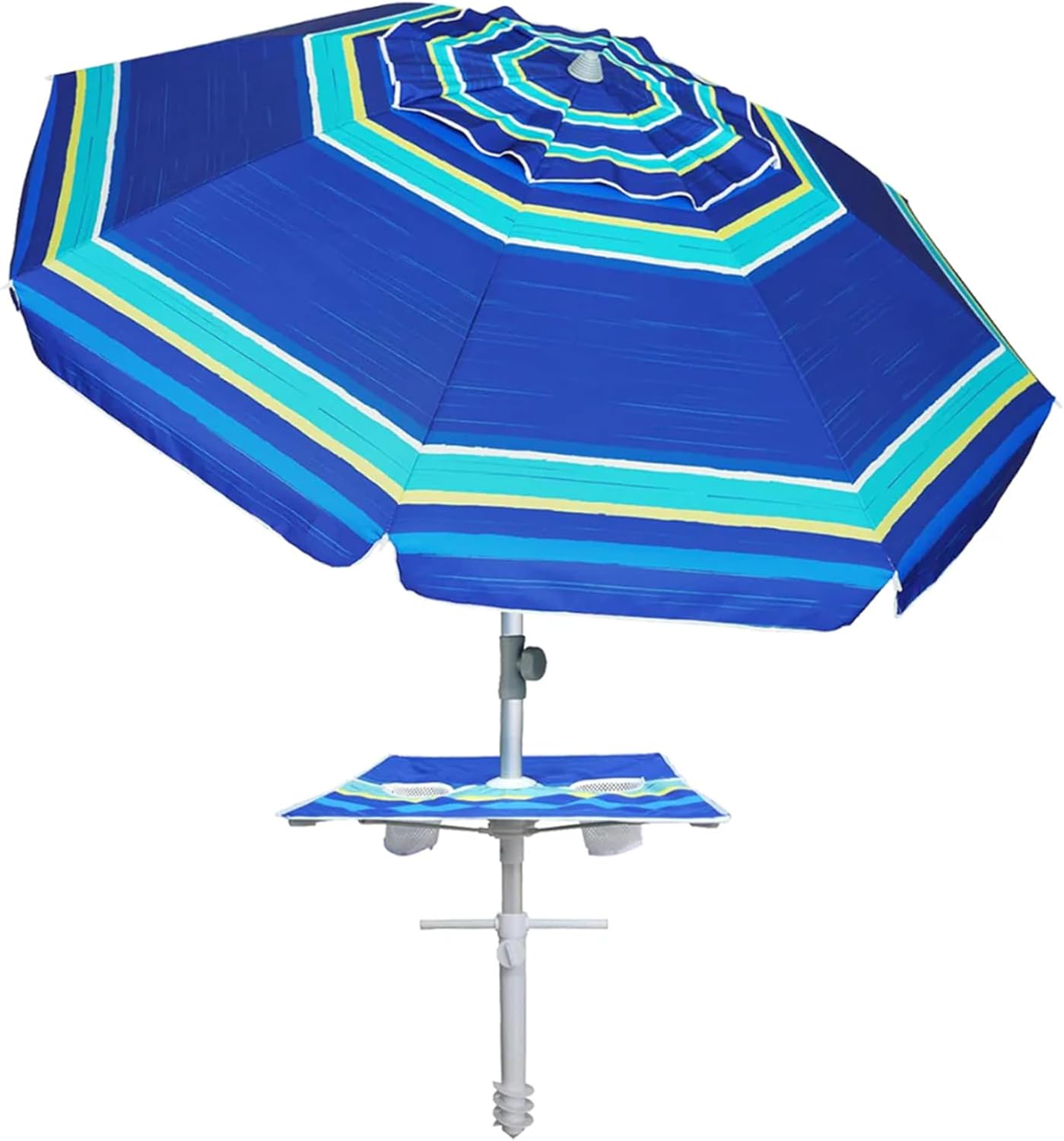 AMMSUN 7ft Heavy Duty High Wind Beach Umbrella with sand anchor, Built-in Table Tray Vent Tilt Pole, UPF 50+ Windproof Portable Outdoor Umbrellas Carry Bag for Patio Garden Pool Backyard Navy