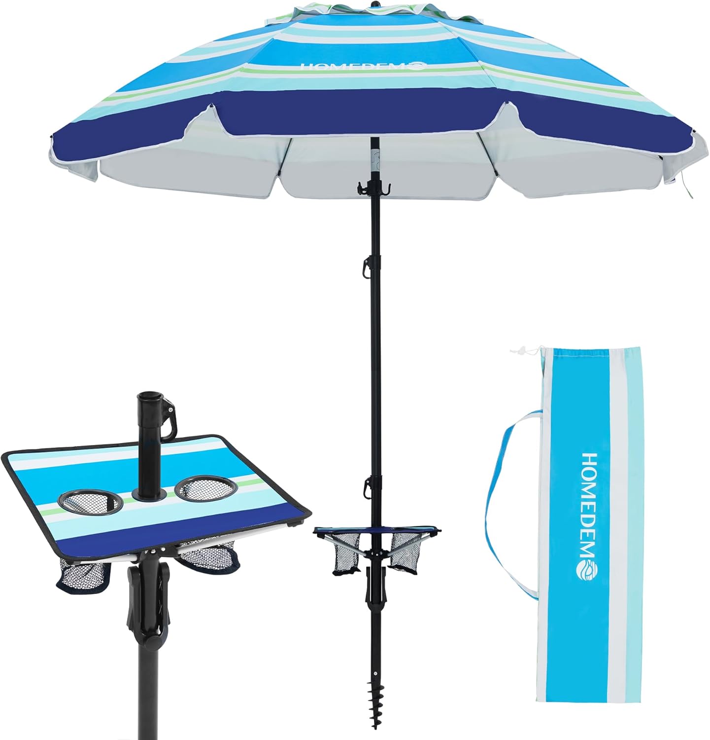 HOMEDEMO 7ft Beach Umbrellas For Sand Heavy Duty Wind, Portable Beach Umbrella UPF 50+ Windproof Outdoor Beach Umbrella with Sand Anchor, Tilt Pole, Carry Bag, Table Tray, Vent and Hook