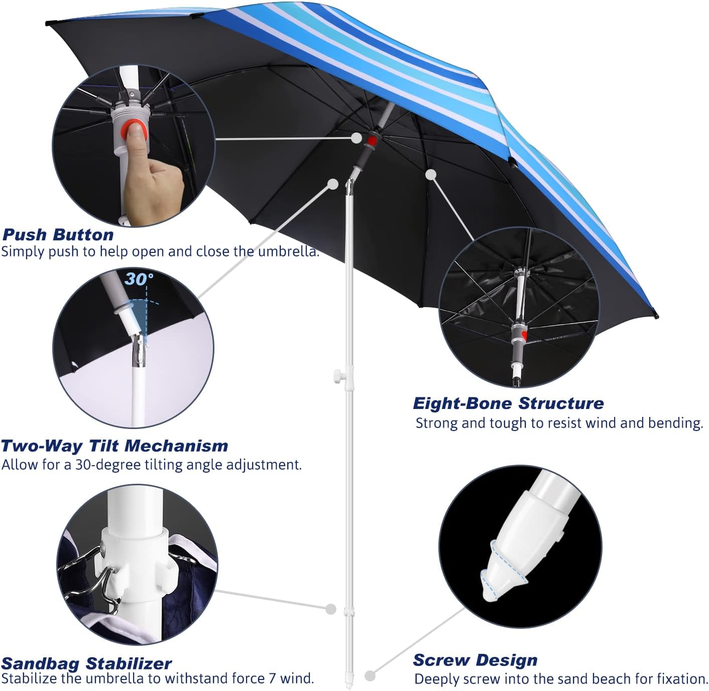 8FT Large Beach Umbrella with Level 7 Wind Resistance, Sand Anchor, Portable Outdoor Umbrella with UPF50+ UV Protection, Tilt Sun Shelter for Beach, Patio, Yard