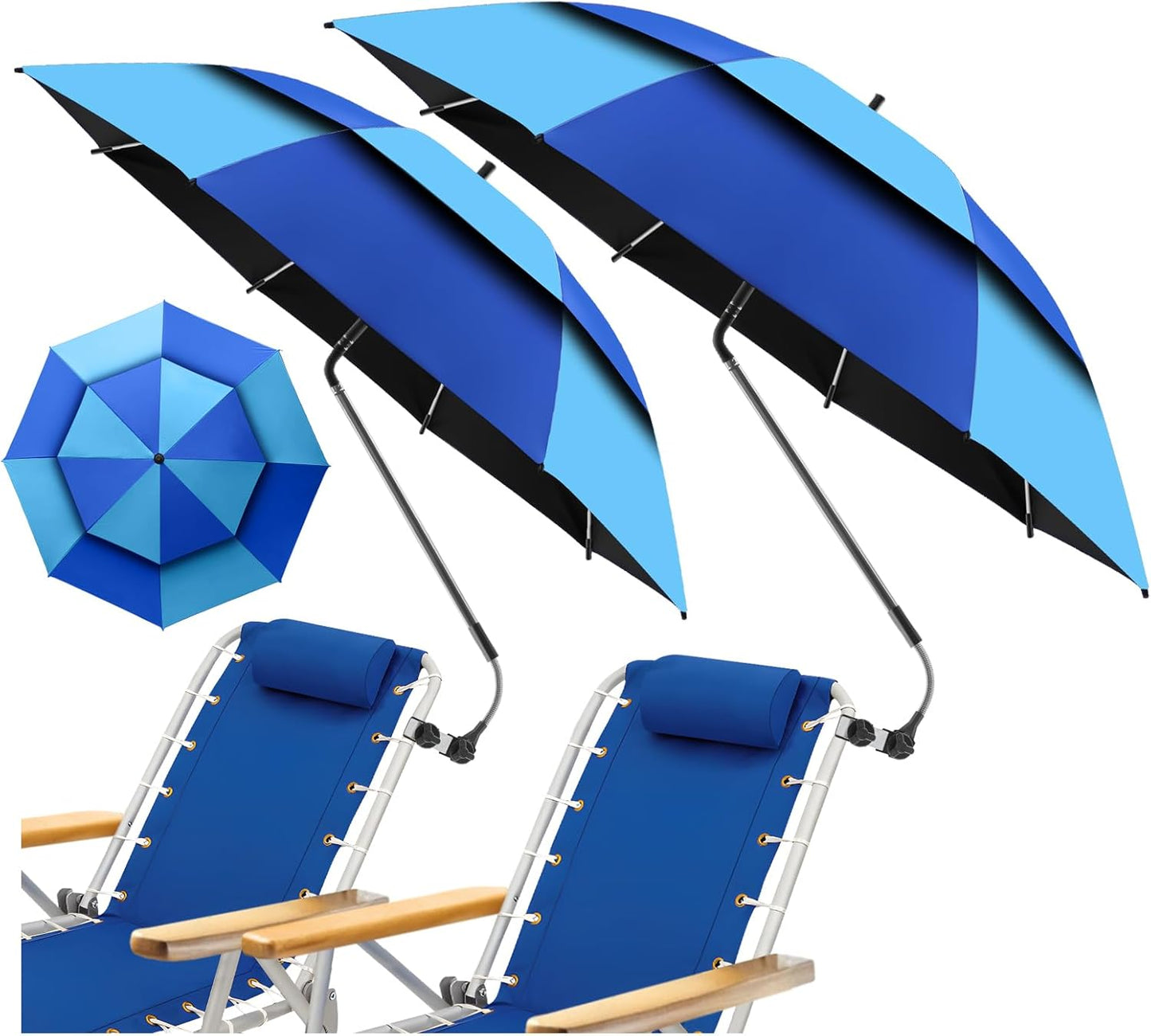 2 Pack 48.6" Double Canopy Beach Umbrella with Clamp, UPF50+ Beach Chair Umbrella with clip, 360°Adjustable Portable Outdoor Wheelchair, Patio, Golf Carts,Camping(Not Include Chair)