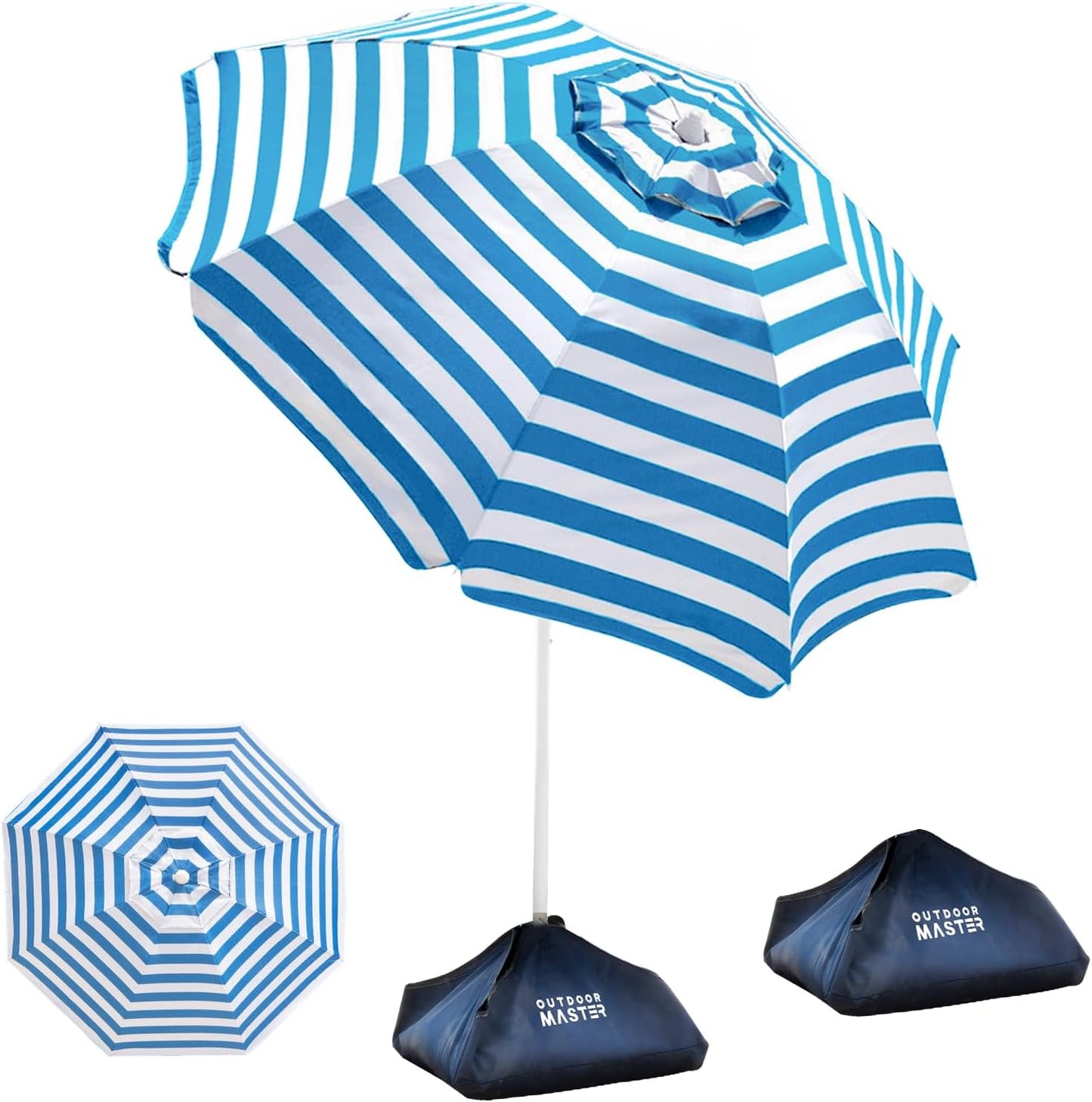OutdoorMaster Beach Umbrellas with Sandbag & Anchor with 4 Cup Holder, 6.5ft Adjustable Umbrella for Beach Heavy Duty Wind, Portable UPF50+ Sunshade with Carry Bag for Patio,Blue Red with Cup Holder