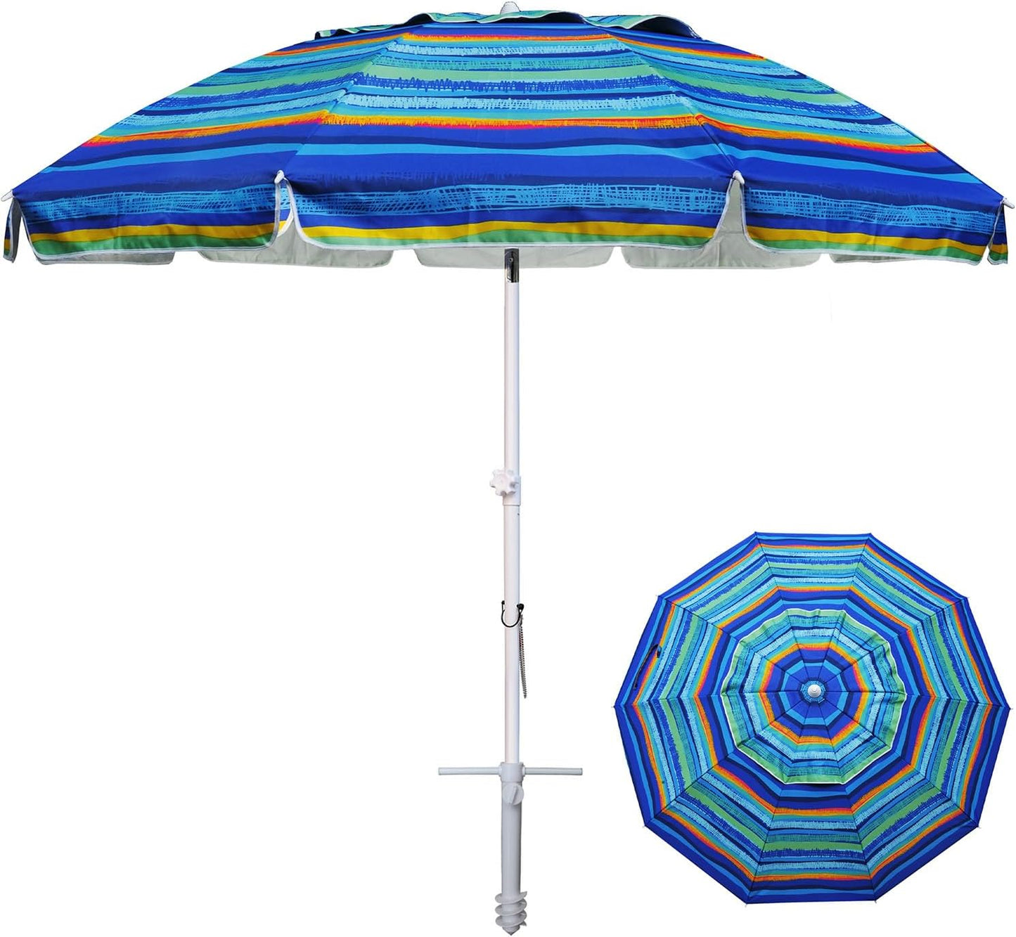 AMMSUN 8 Feet Large Beach Umbrella with Sand Anchor Heavy Duty High Wind Portable Outdoor Umbrellas UV 50+ Protection Air Vent Tilt Patio Garden Pool