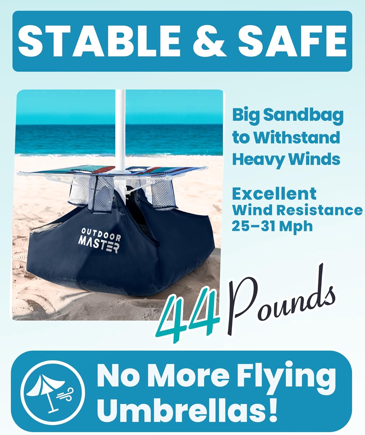 OutdoorMaster Beach Umbrellas with Sandbag & Anchor with 4 Cup Holder, 6.5ft Adjustable Umbrella for Beach Heavy Duty Wind, Portable UPF50+ Sunshade with Carry Bag for Patio,Blue Red with Cup Holder