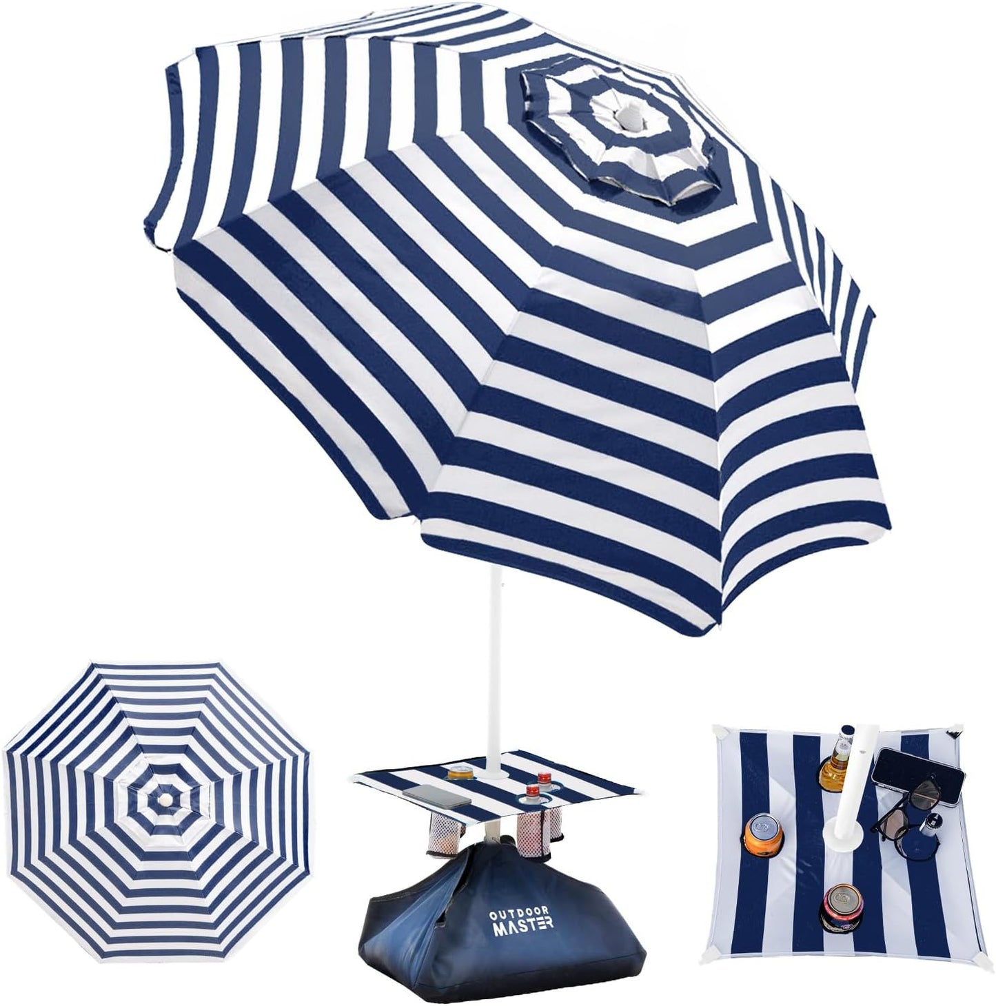OutdoorMaster Beach Umbrellas with Sandbag & Anchor with 4 Cup Holder, 6.5ft Adjustable Umbrella for Beach Heavy Duty Wind, Portable UPF50+ Sunshade with Carry Bag for Patio,Blue Red with Cup Holder