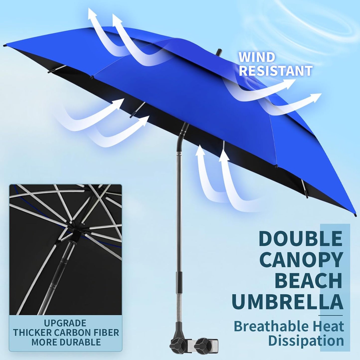 2 Pack 48.6" Double Canopy Beach Umbrella with Clamp, UPF50+ Beach Chair Umbrella with clip, 360°Adjustable Portable Outdoor Wheelchair, Patio, Golf Carts,Camping(Not Include Chair)