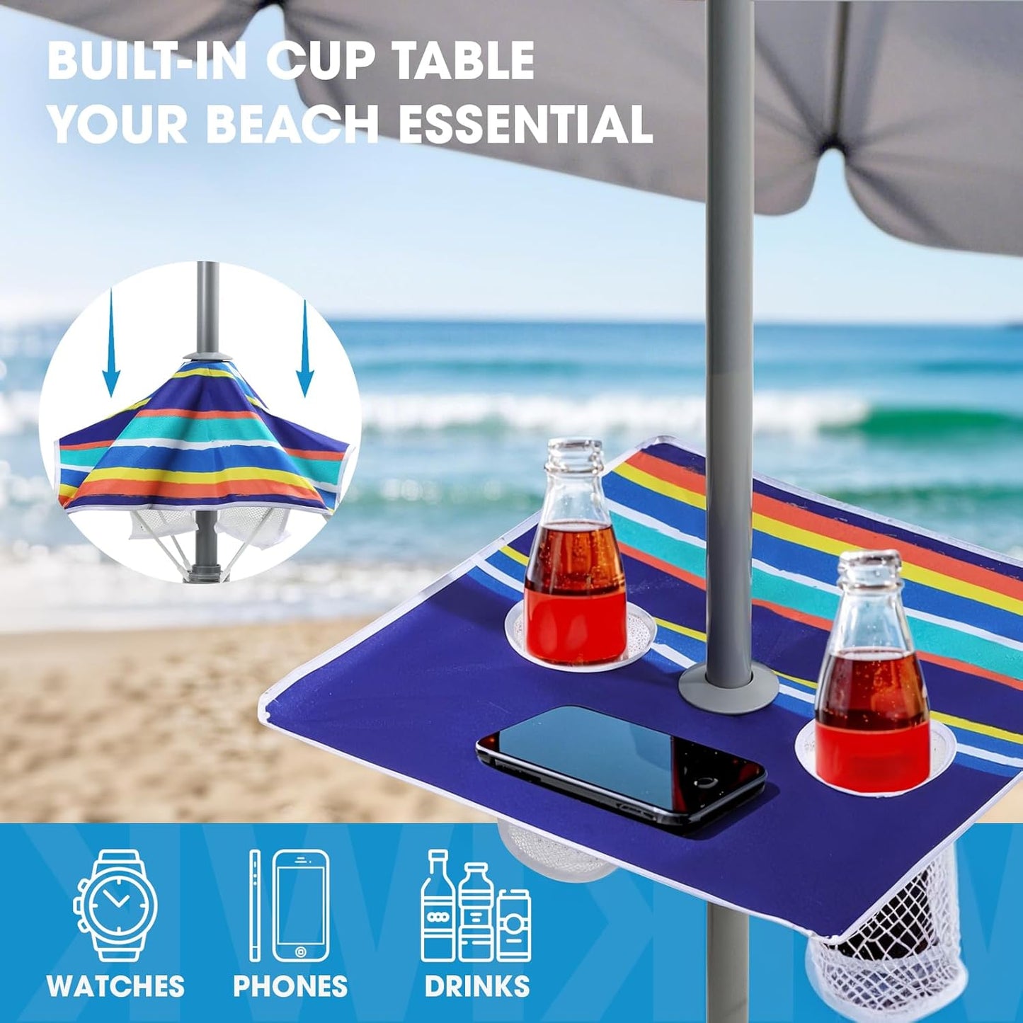 7ft Beach Umbrella featuring a built-in table with Sand Anchor & Tilt, UPF 50+ Protection Beach Umbrellas for Sand, Umbrellas for Heavy Duty Wind Portable with Carry Bag, Dark Blue Stripes(Random pattern)