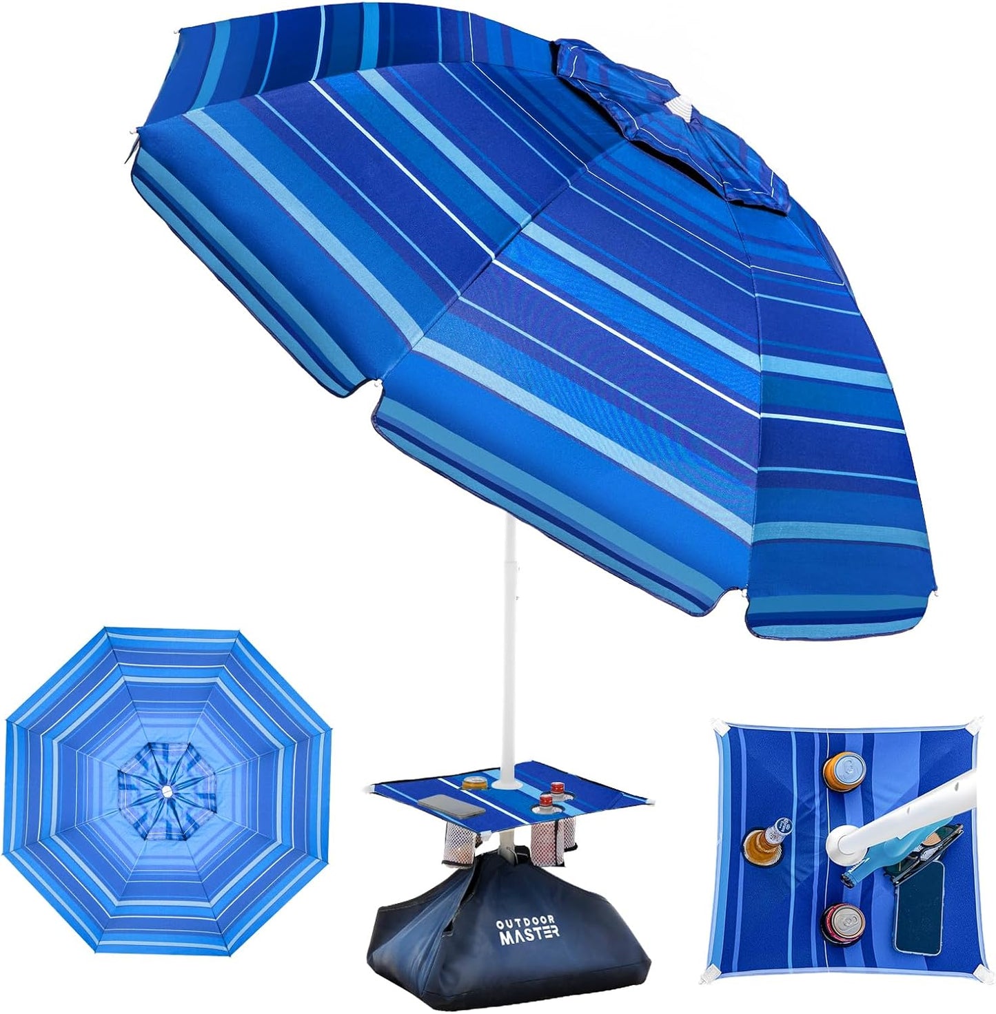 OutdoorMaster Beach Umbrellas with Sandbag & Anchor with 4 Cup Holder, 6.5ft Adjustable Umbrella for Beach Heavy Duty Wind, Portable UPF50+ Sunshade with Carry Bag for Patio,Blue Red with Cup Holder