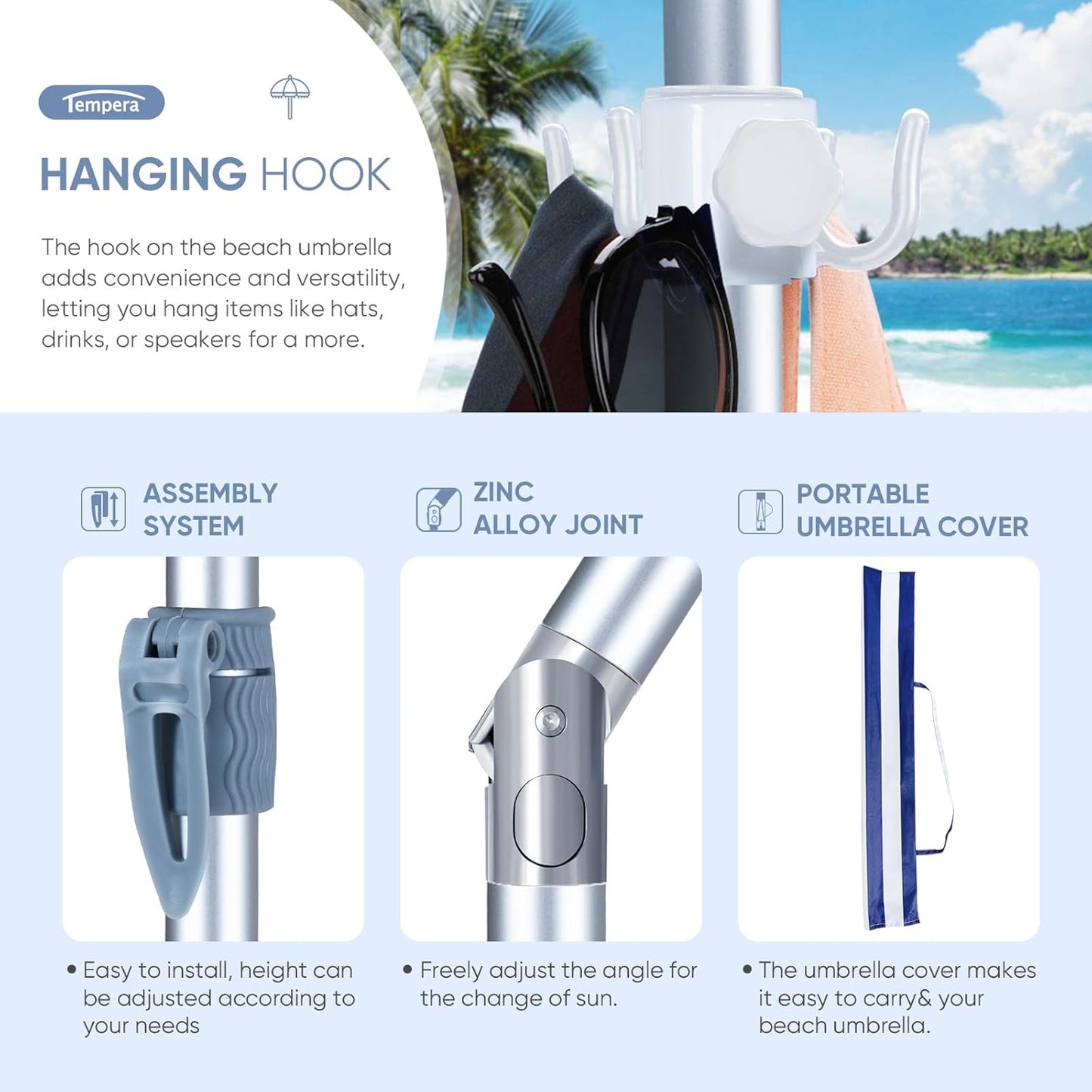 Tempera Heavy Duty High Wind Beach Umbrella with Sand Anchor & Carry Bag|Patio Outdoor Umbrella with Alumininm Frame, Sunshade Umbrella with Push Button Tilt, Ideal for Travel Garden Lawn Poolside Backyard, UPF 60+