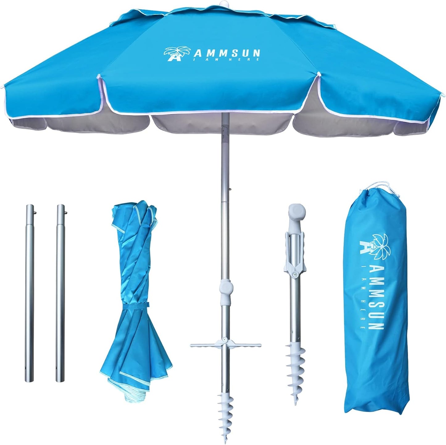 AMMSUN 6ft Folded Portable Travel Beach Umbrella with Sand Anchor Tilt Air vent UPF 50+UV Protection Fit In Suitcase Compact Foldable Telescopic umbrellas for Patio Garden Beach Pool Blue