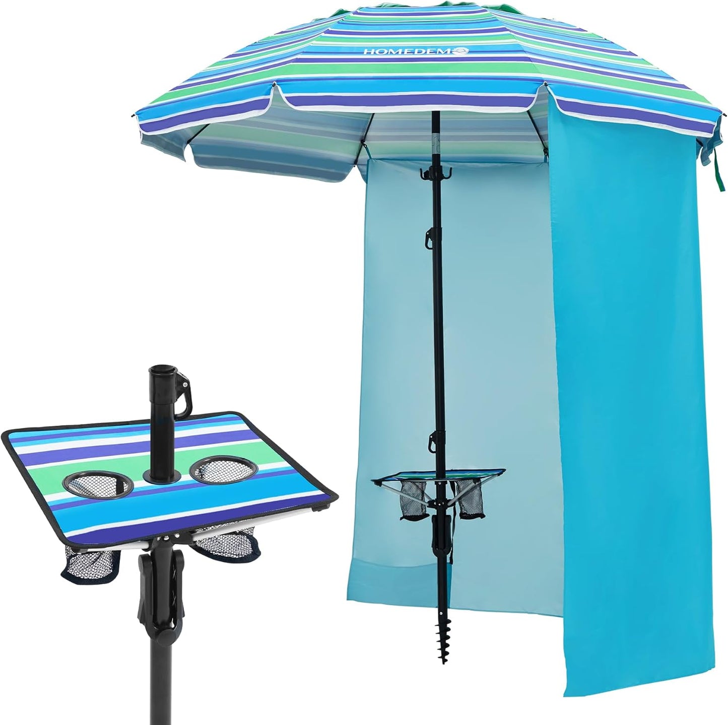 HOMEDEMO 7ft Beach Umbrellas For Sand Heavy Duty Wind, Portable Beach Umbrella UPF 50+ Windproof Outdoor Beach Umbrella with Sand Anchor, Tilt Pole, Carry Bag, Table Tray, Vent and Hook