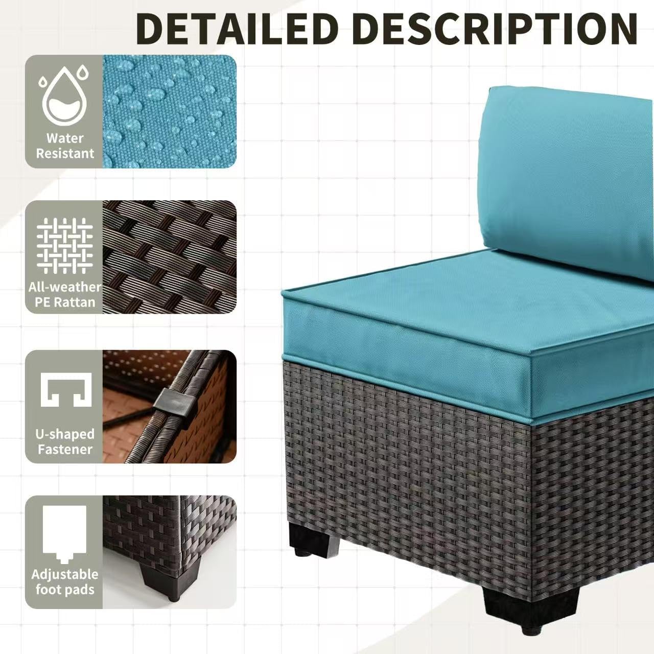 Gotland 7 Pieces Patio Furniture Set with 1 Coffee Table, 6 Seater Wicker Rattan Patio Set with 29.5'' High Backrest Thick Cushions Adjustable Foot Pads, for Porch Deck Garden Green Blue