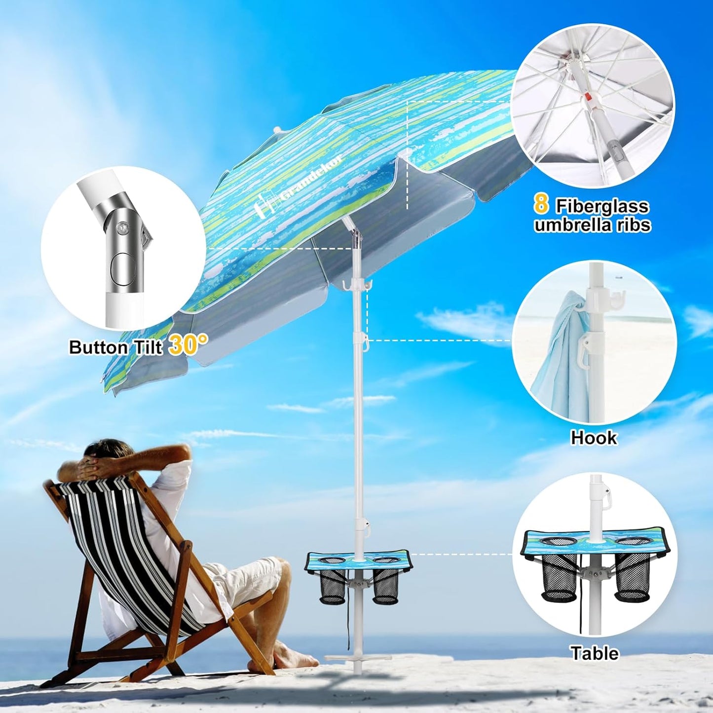 Grandekor 7FT Beach Umbrellas for Sand Heavy Duty Wind Portable Beach Umbrella with Table Travel Beach Umbrella with Carry Bag Sun Umbrella Beach, UV 50+
