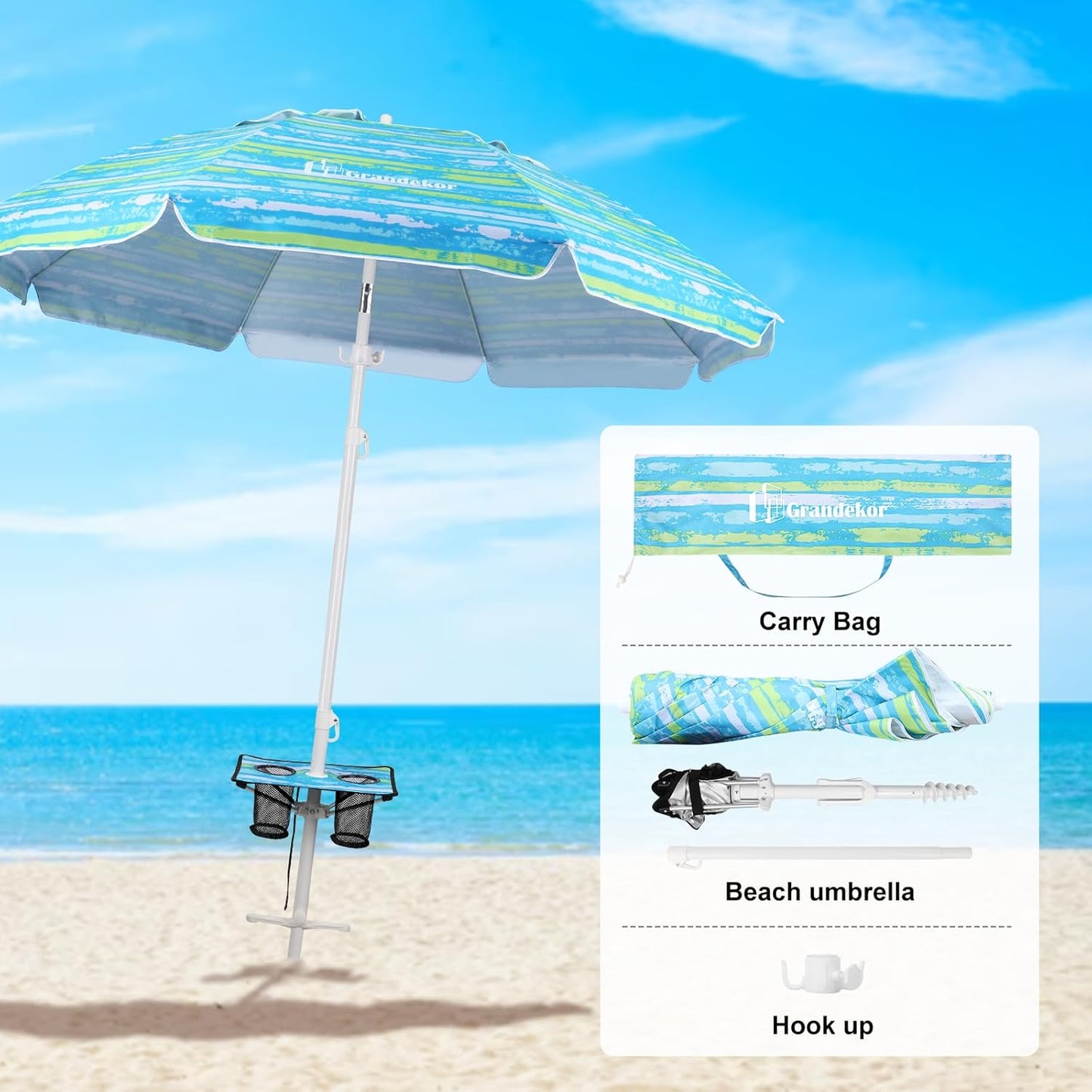 Grandekor 7FT Beach Umbrellas for Sand Heavy Duty Wind Portable Beach Umbrella with Table Travel Beach Umbrella with Carry Bag Sun Umbrella Beach, UV 50+
