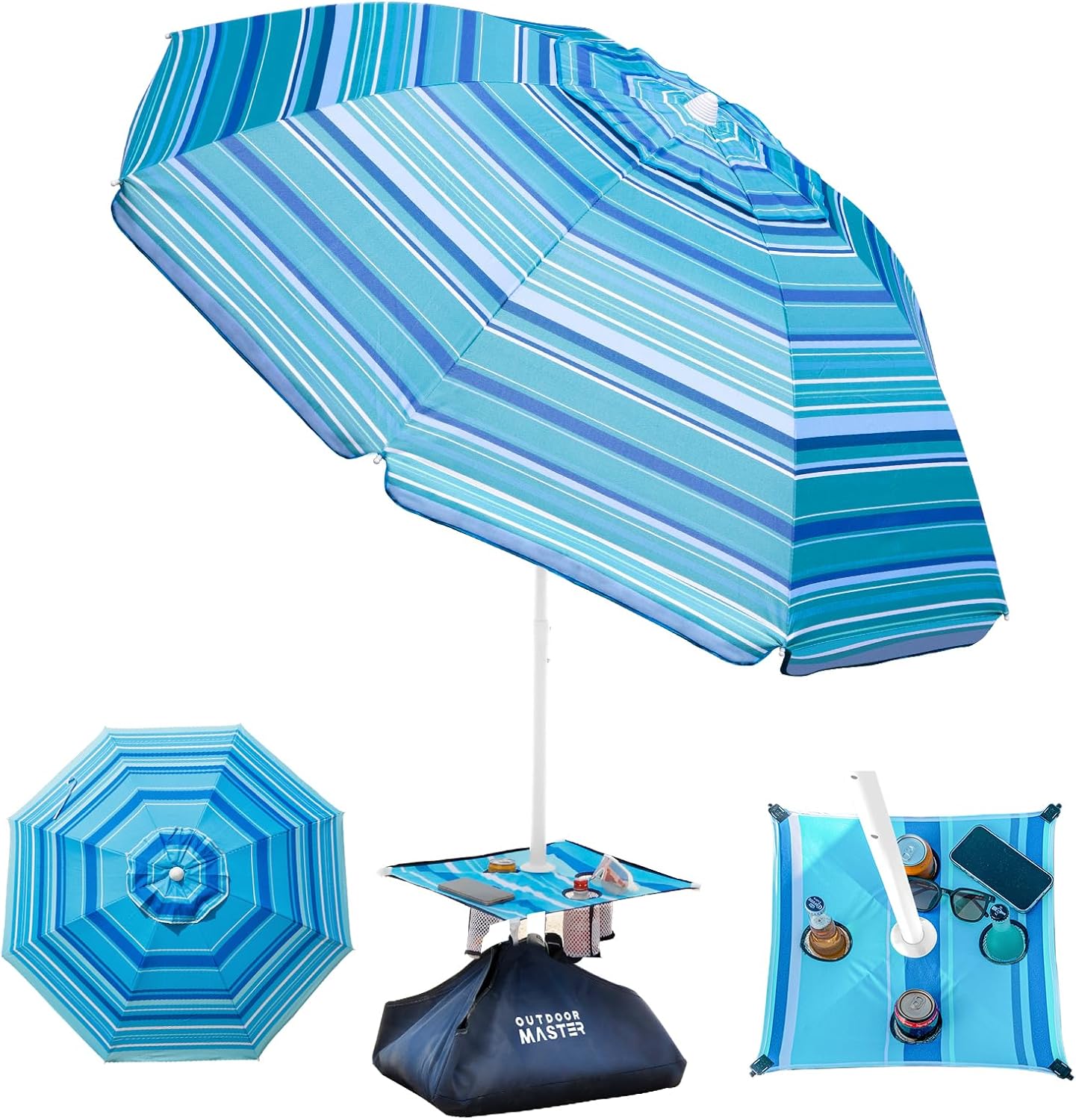 OutdoorMaster Beach Umbrellas with Sandbag & Anchor with 4 Cup Holder, 6.5ft Adjustable Umbrella for Beach Heavy Duty Wind, Portable UPF50+ Sunshade with Carry Bag for Patio,Blue Red with Cup Holder