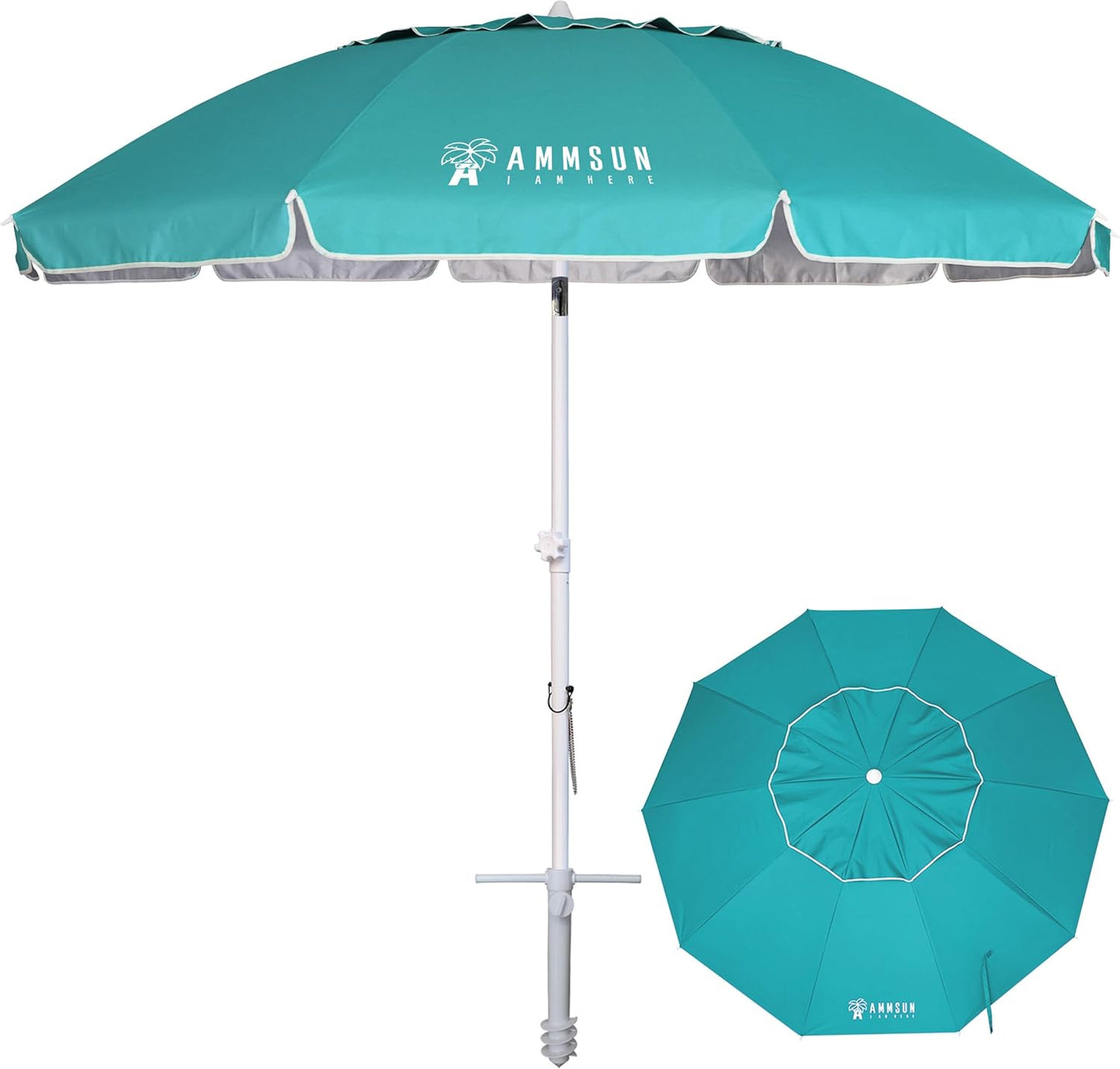 AMMSUN 8 Feet Large Beach Umbrella with Sand Anchor Heavy Duty High Wind Portable Outdoor Umbrellas UV 50+ Protection Air Vent Tilt Patio Garden Pool
