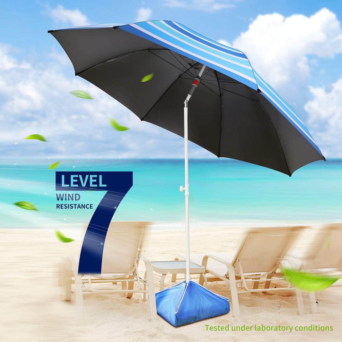 8FT Large Beach Umbrella with Level 7 Wind Resistance, Sand Anchor, Portable Outdoor Umbrella with UPF50+ UV Protection, Tilt Sun Shelter for Beach, Patio, Yard