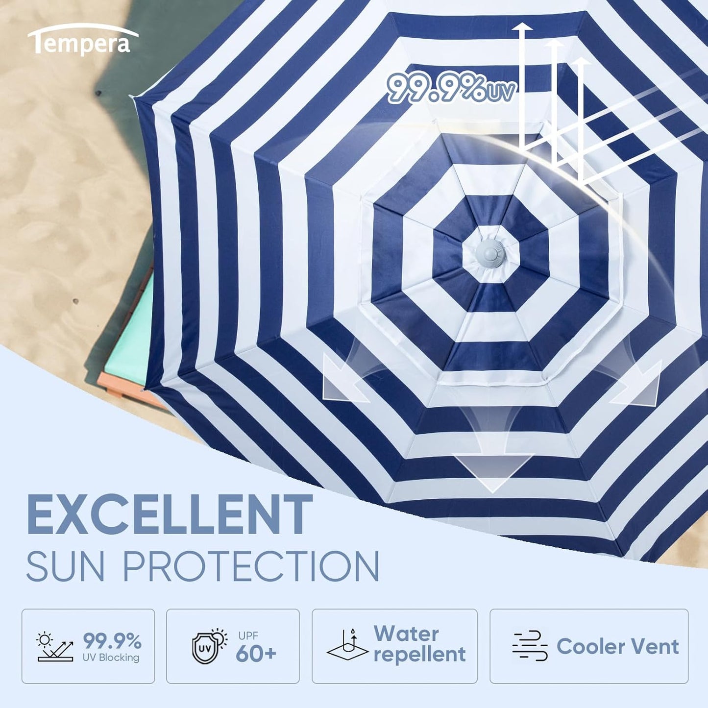 Tempera Heavy Duty High Wind Beach Umbrella with Sand Anchor & Carry Bag|Patio Outdoor Umbrella with Alumininm Frame, Sunshade Umbrella with Push Button Tilt, Ideal for Travel Garden Lawn Poolside Backyard, UPF 60+