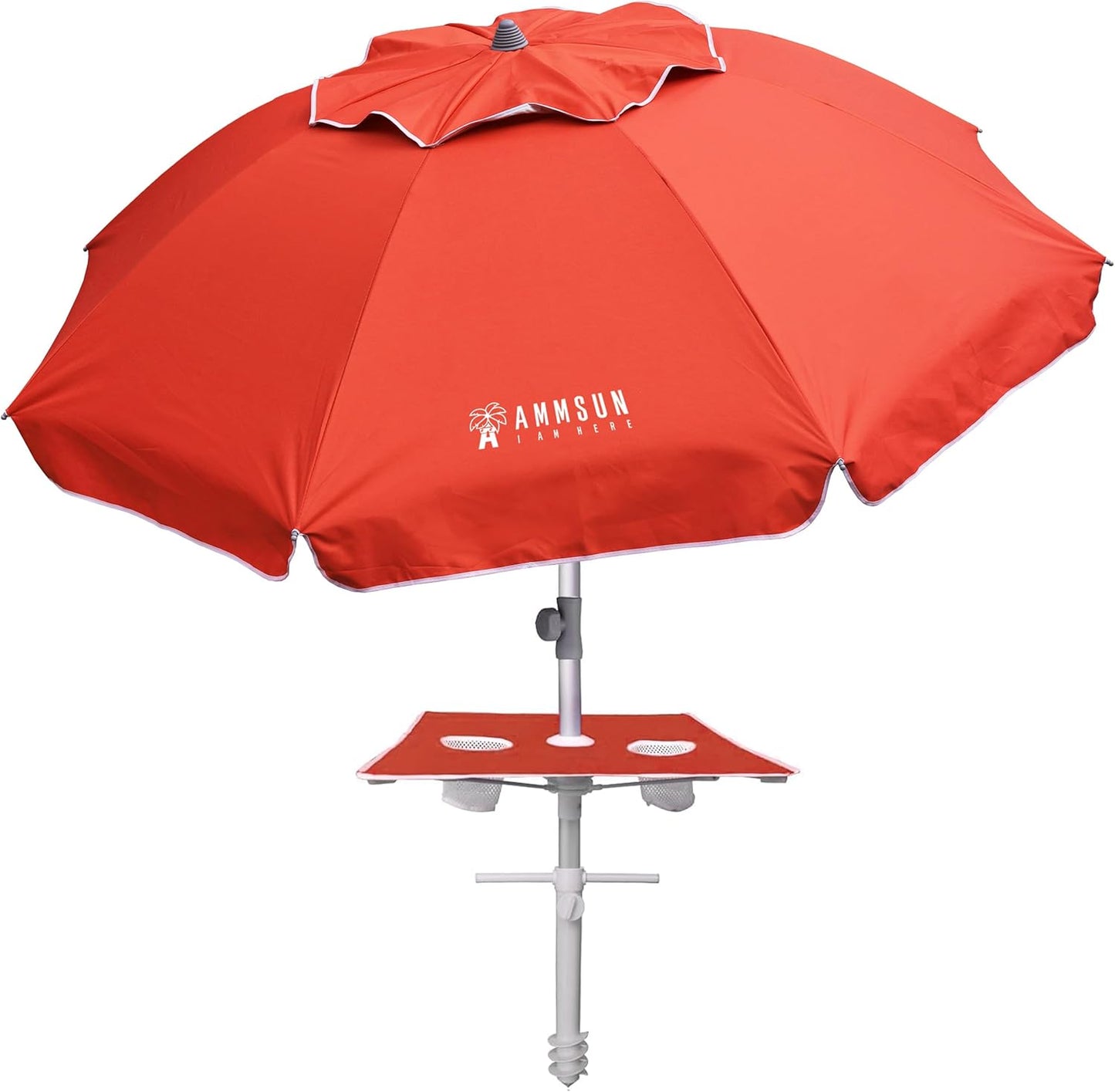 AMMSUN 7ft Heavy Duty High Wind Beach Umbrella with sand anchor, Built-in Table Tray Vent Tilt Pole, UPF 50+ Windproof Portable Outdoor Umbrellas Carry Bag for Patio Garden Pool Backyard Navy