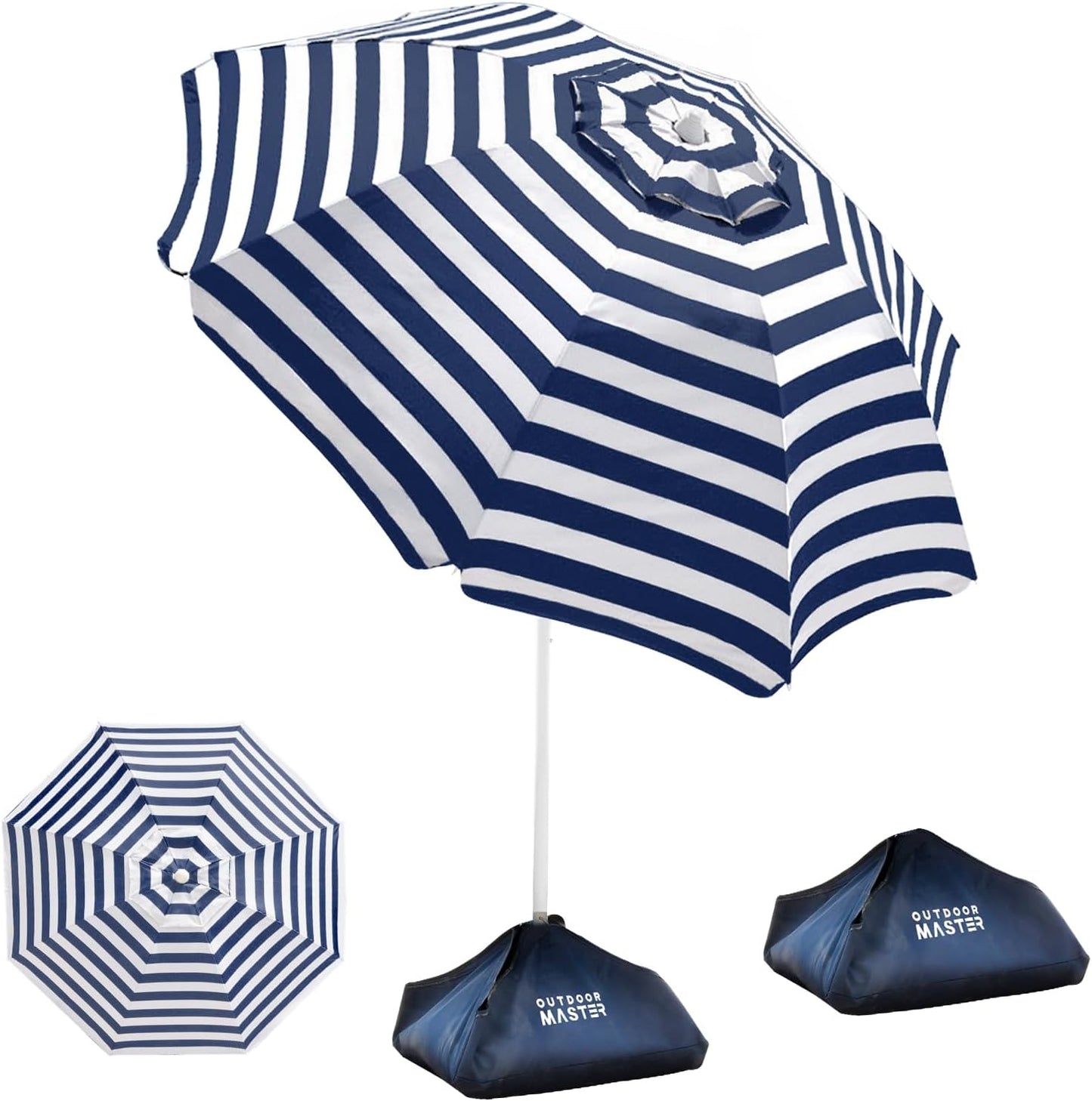 OutdoorMaster Beach Umbrellas with Sandbag & Anchor with 4 Cup Holder, 6.5ft Adjustable Umbrella for Beach Heavy Duty Wind, Portable UPF50+ Sunshade with Carry Bag for Patio,Blue Red with Cup Holder
