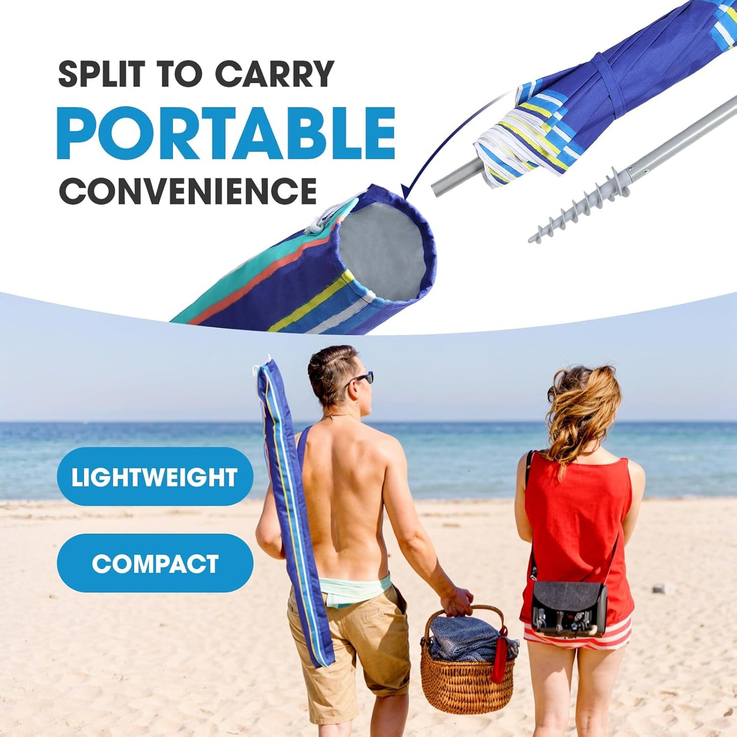 7ft Beach Umbrella featuring a built-in table with Sand Anchor & Tilt, UPF 50+ Protection Beach Umbrellas for Sand, Umbrellas for Heavy Duty Wind Portable with Carry Bag, Dark Blue Stripes(Random pattern)