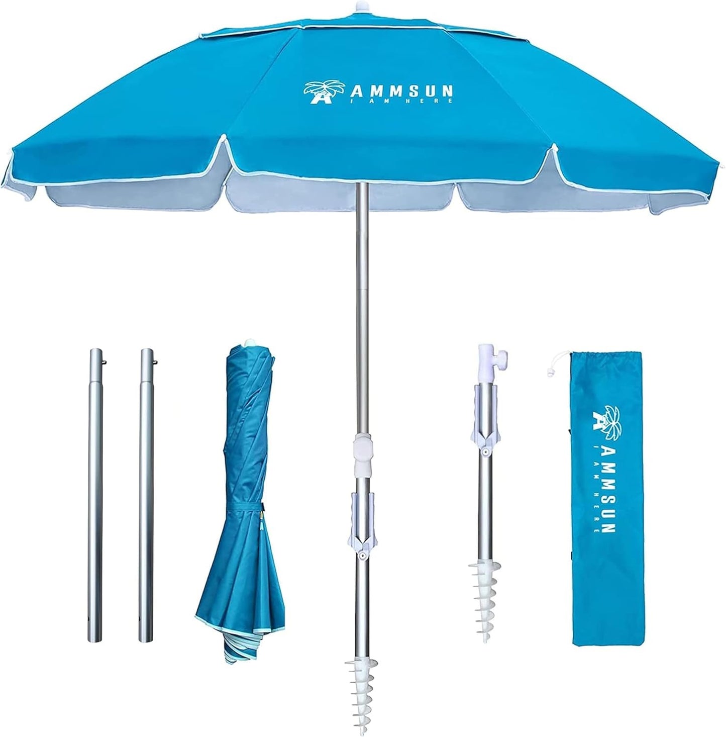 AMMSUN 6ft Folded Portable Travel Beach Umbrella with Sand Anchor Tilt Air vent UPF 50+UV Protection Fit In Suitcase Compact Foldable Telescopic umbrellas for Patio Garden Beach Pool Blue