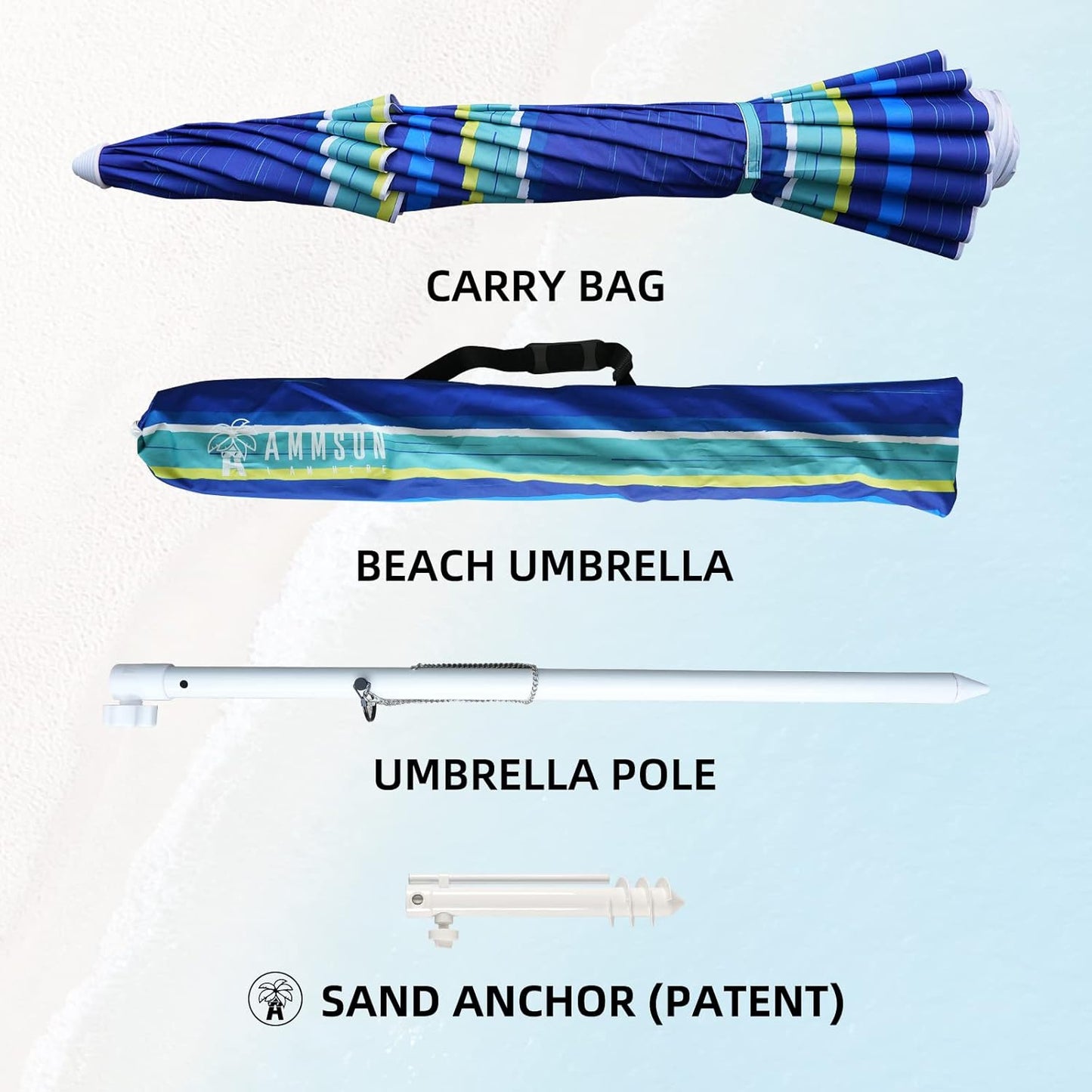 AMMSUN 8 Feet Large Beach Umbrella with Sand Anchor Heavy Duty High Wind Portable Outdoor Umbrellas UV 50+ Protection Air Vent Tilt Patio Garden Pool