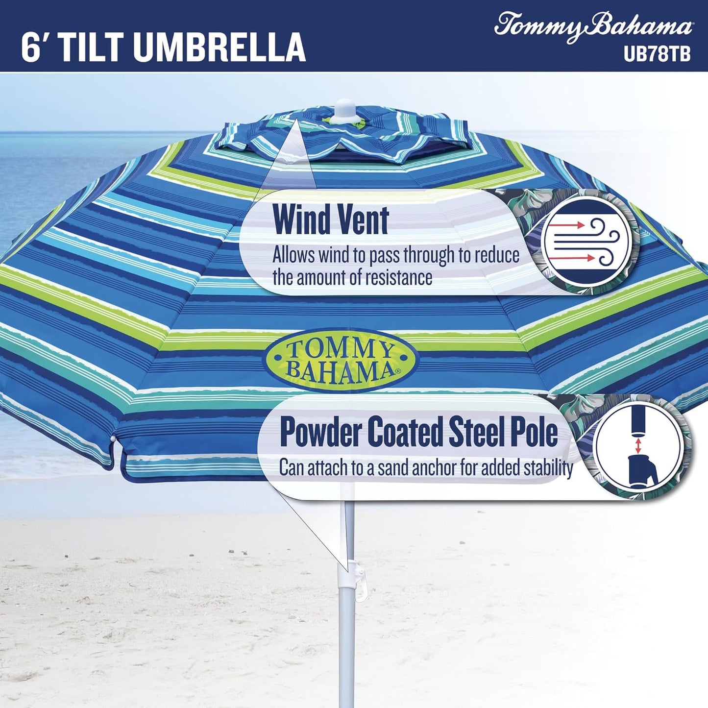 Tommy Bahama 6' UPF 50+ Tilt Beach Umbrella with Integrated Sand Anchor, Wind Vent, and Carry Bag