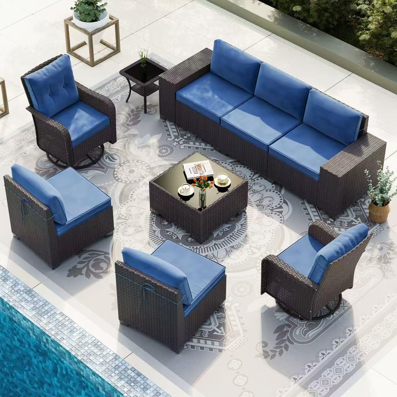 Gotland 7 Pieces Patio Furniture Set with 1 Coffee Table, 6 Seater Wicker Rattan Patio Set with 29.5'' High Backrest Thick Cushions Adjustable Foot Pads, for Porch Deck Garden Green Blue