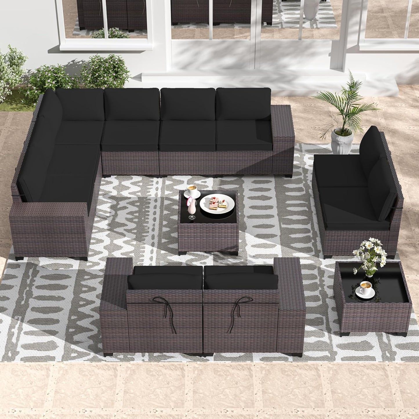 Gotland 7 Pieces Patio Furniture Set with 1 Coffee Table, 6 Seater Wicker Rattan Patio Set with 29.5'' High Backrest Thick Cushions Adjustable Foot Pads, for Porch Deck Garden Green Blue