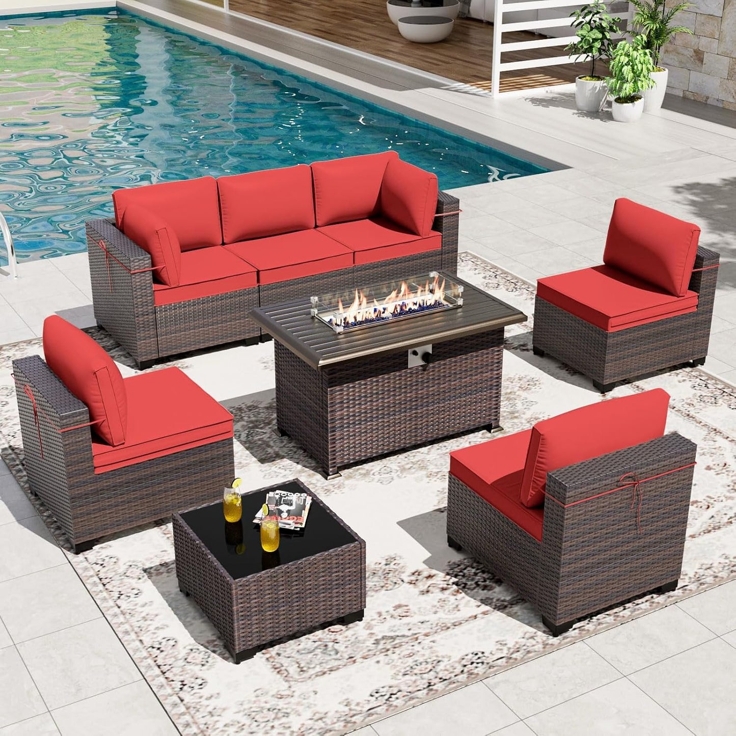 Gotland 7 Pieces Patio Furniture Set with 1 Coffee Table, 6 Seater Wicker Rattan Patio Set with 29.5'' High Backrest Thick Cushions Adjustable Foot Pads, for Porch Deck Garden Green Blue
