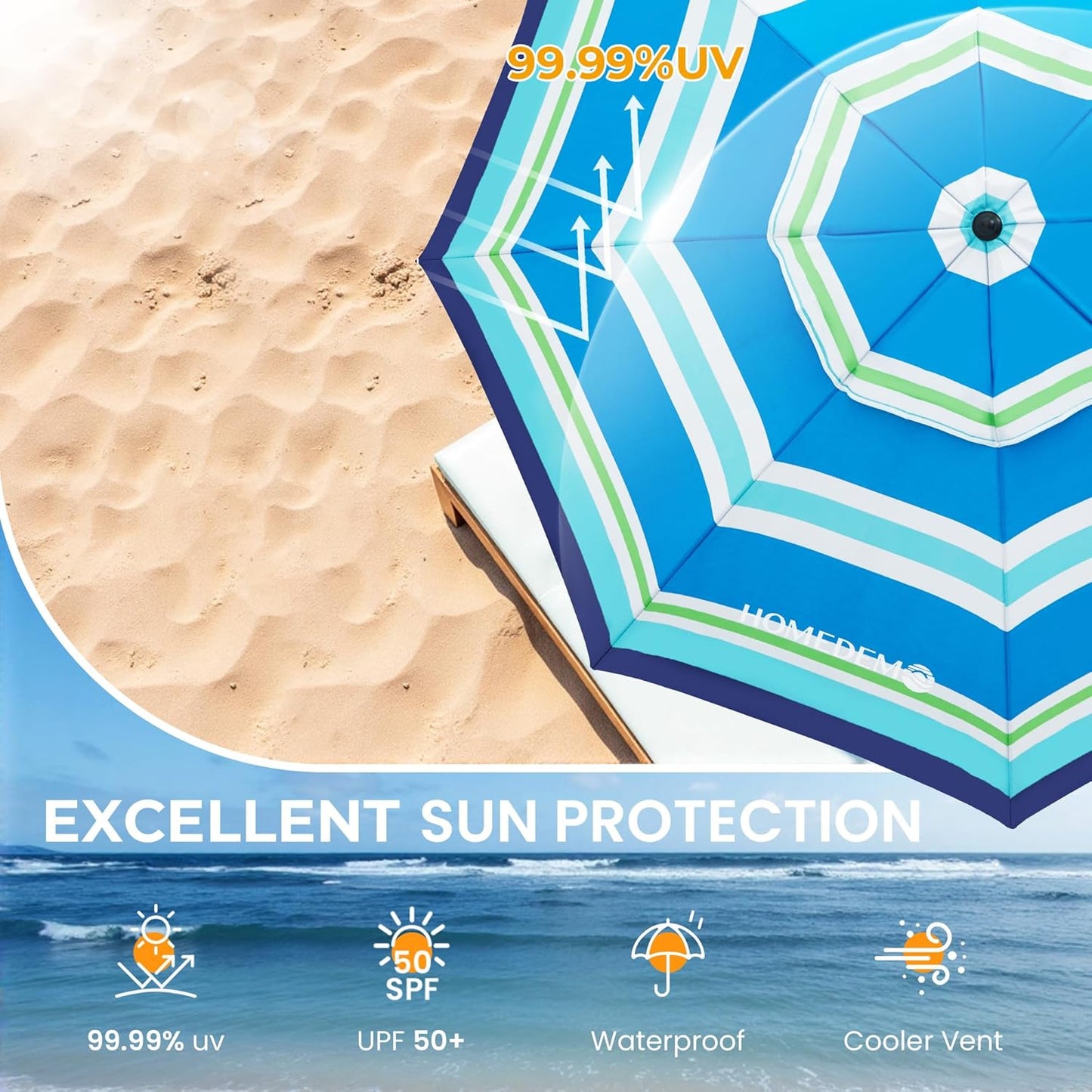 HOMEDEMO 7ft Beach Umbrellas For Sand Heavy Duty Wind, Portable Beach Umbrella UPF 50+ Windproof Outdoor Beach Umbrella with Sand Anchor, Tilt Pole, Carry Bag, Table Tray, Vent and Hook