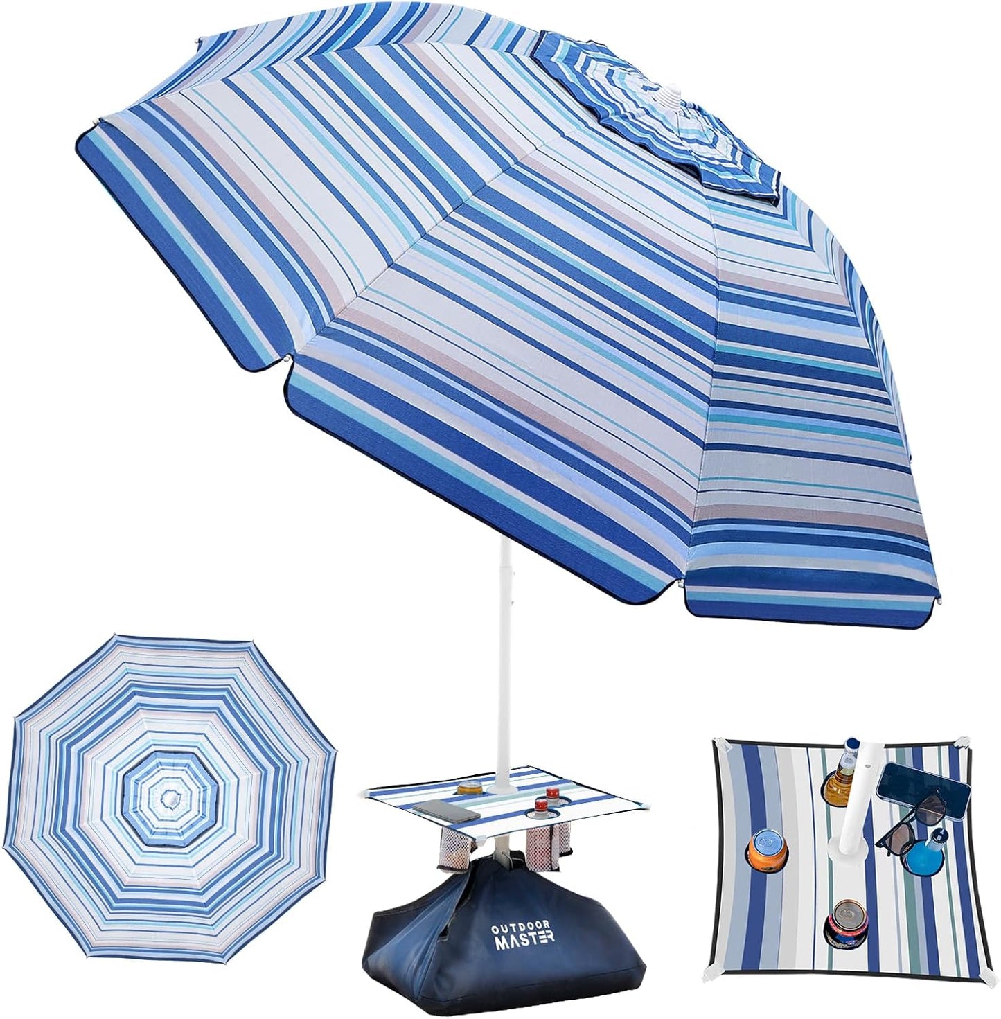 OutdoorMaster Beach Umbrellas with Sandbag & Anchor with 4 Cup Holder, 6.5ft Adjustable Umbrella for Beach Heavy Duty Wind, Portable UPF50+ Sunshade with Carry Bag for Patio,Blue Red with Cup Holder