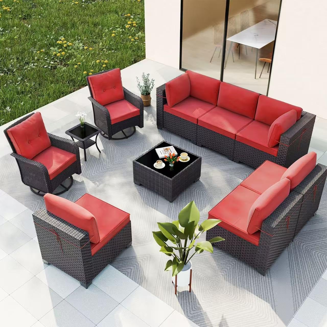 Gotland 7 Pieces Patio Furniture Set with 1 Coffee Table, 6 Seater Wicker Rattan Patio Set with 29.5'' High Backrest Thick Cushions Adjustable Foot Pads, for Porch Deck Garden Green Blue