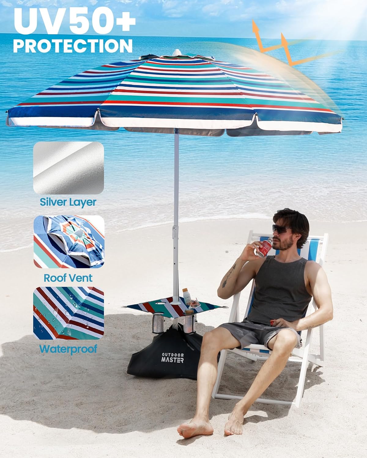 OutdoorMaster Beach Umbrellas with Sandbag & Anchor with 4 Cup Holder, 6.5ft Adjustable Umbrella for Beach Heavy Duty Wind, Portable UPF50+ Sunshade with Carry Bag for Patio,Blue Red with Cup Holder