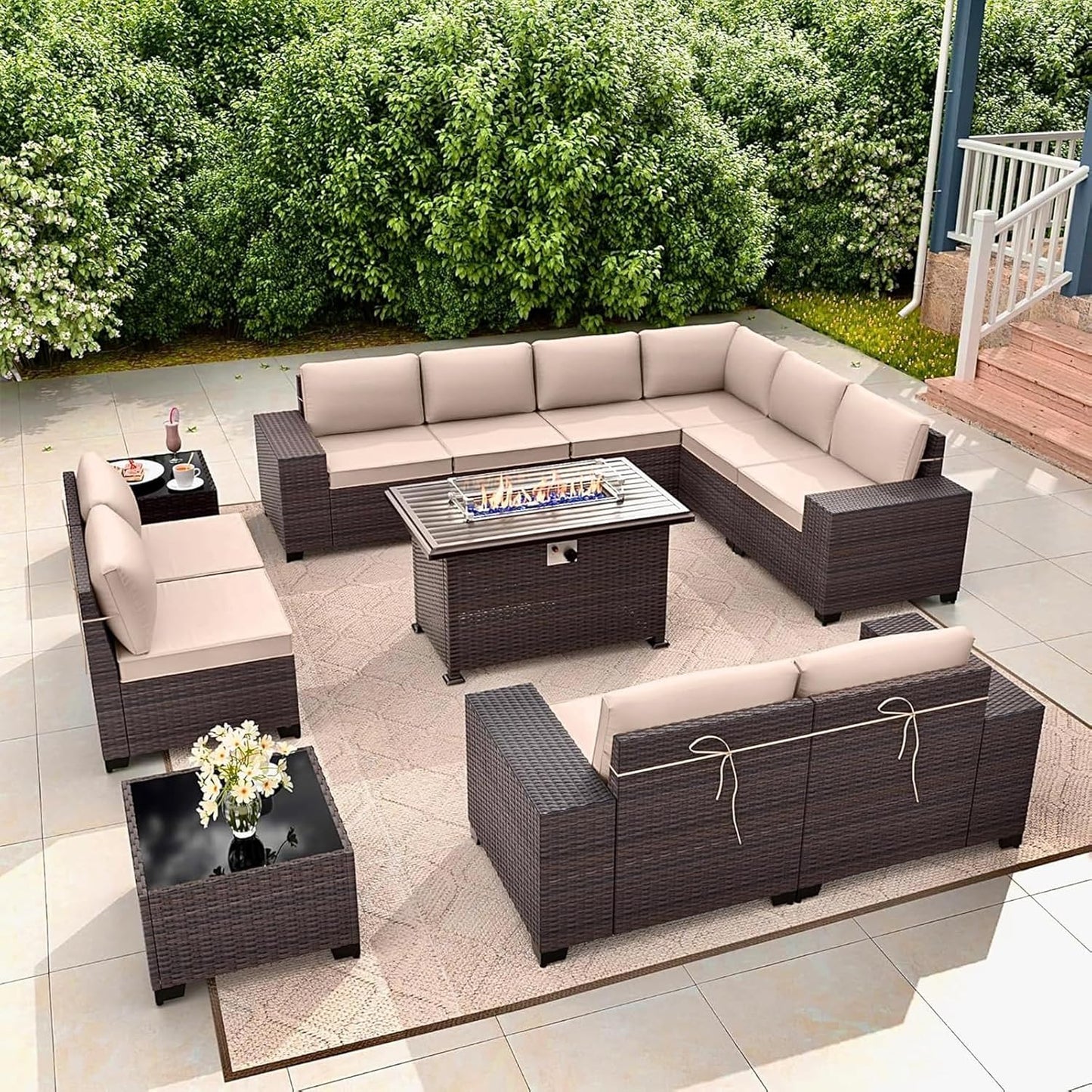 Gotland 7 Pieces Patio Furniture Set with 1 Coffee Table, 6 Seater Wicker Rattan Patio Set with 29.5'' High Backrest Thick Cushions Adjustable Foot Pads, for Porch Deck Garden Green Blue