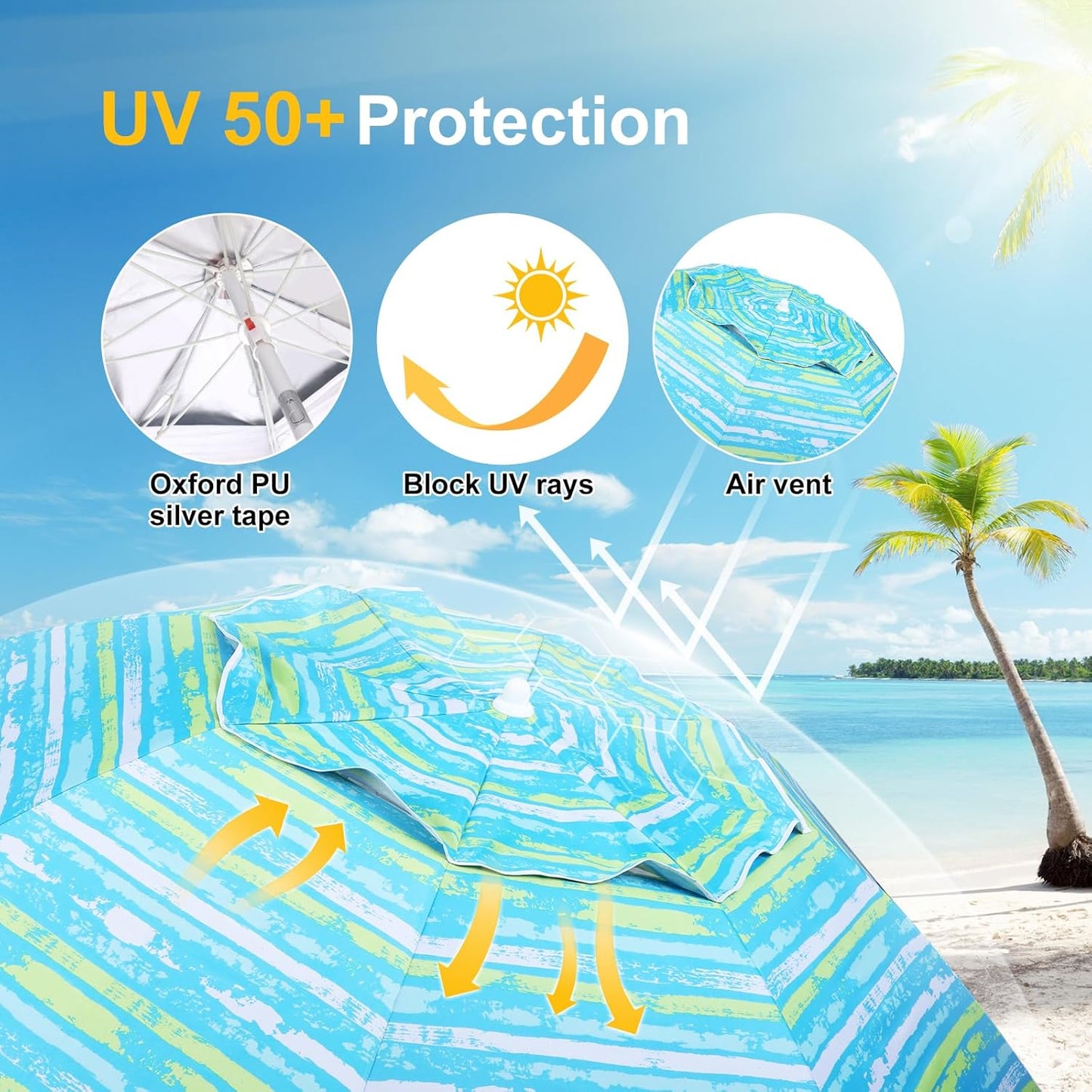Grandekor 7FT Beach Umbrellas for Sand Heavy Duty Wind Portable Beach Umbrella with Table Travel Beach Umbrella with Carry Bag Sun Umbrella Beach, UV 50+