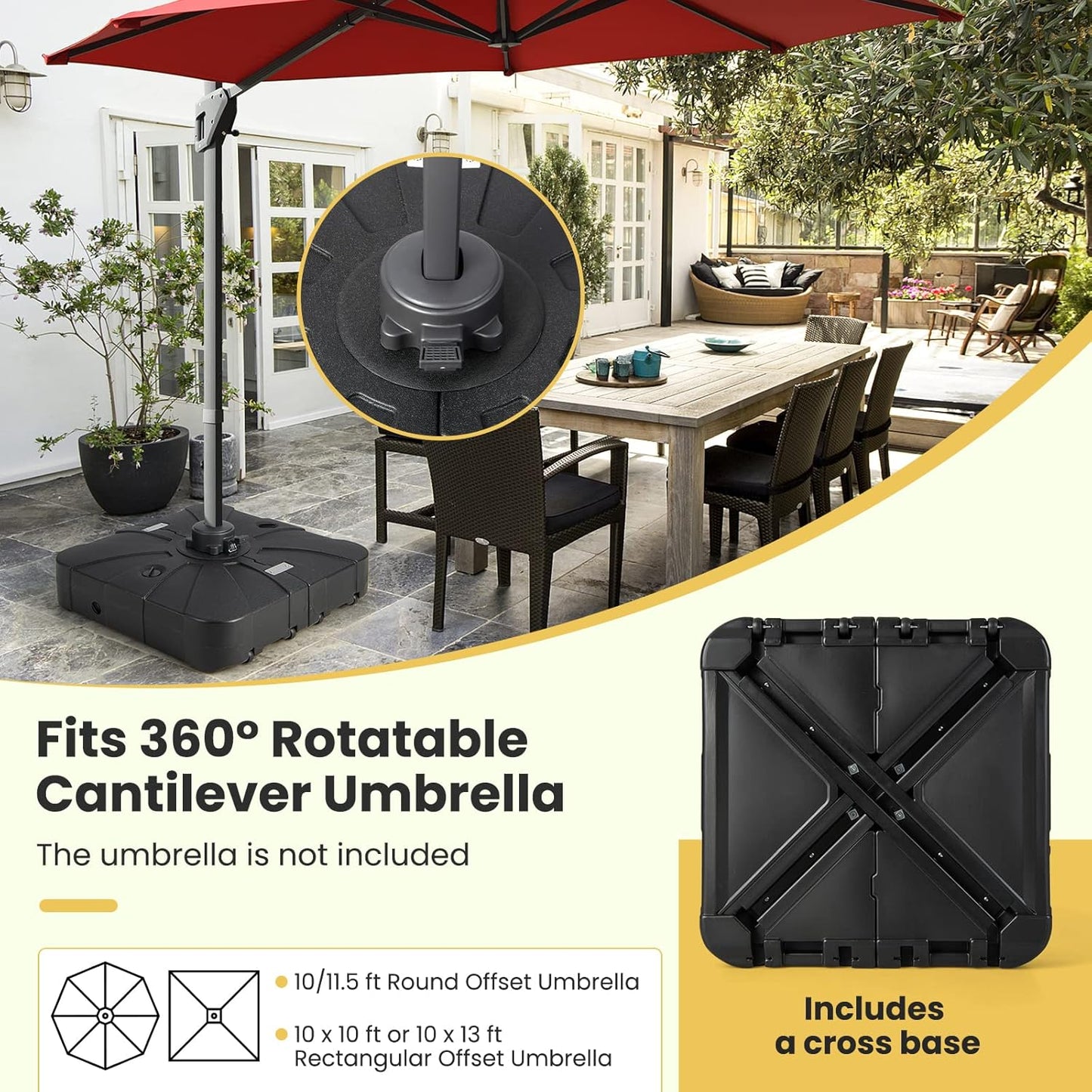 Giantex Cantilever Umbrella Base with Wheels, 200 lbs Water Filled Umbrella Stand for Offset Patio Umbrella, 33.5 inch Heavy Duty Square Offset Umbrella Holder for Deck Garden Poolside