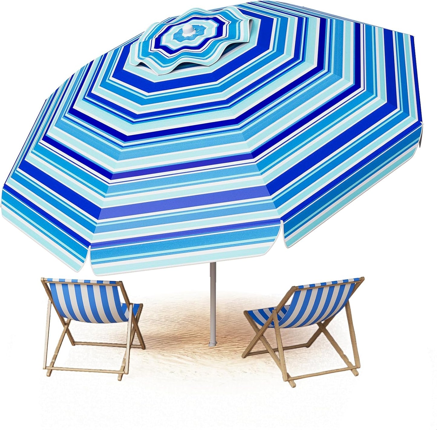 Aoxun 8FT Large Beach Umbrella with Heavy Duty Sand Anchor and Carry Bag, UPF 50+ Sun Shelter Air Vents Design for Outdoor Activities (Navy Blue & White)