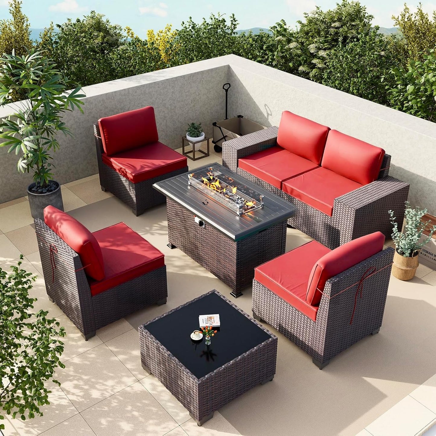 Gotland 7 Pieces Patio Furniture Set with 1 Coffee Table, 6 Seater Wicker Rattan Patio Set with 29.5'' High Backrest Thick Cushions Adjustable Foot Pads, for Porch Deck Garden Green Blue