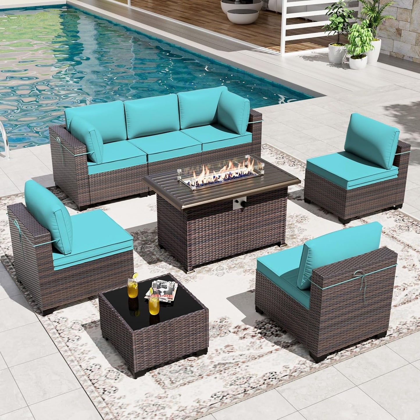 Gotland 7 Pieces Patio Furniture Set with 1 Coffee Table, 6 Seater Wicker Rattan Patio Set with 29.5'' High Backrest Thick Cushions Adjustable Foot Pads, for Porch Deck Garden Green Blue